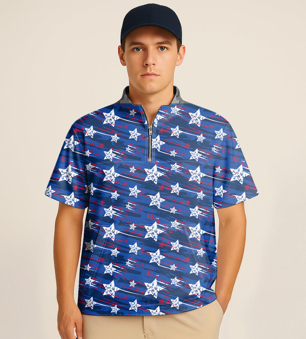 Man wearing half zipper turtleneck golf shirt with American star embroidery pattern and a navy cap
