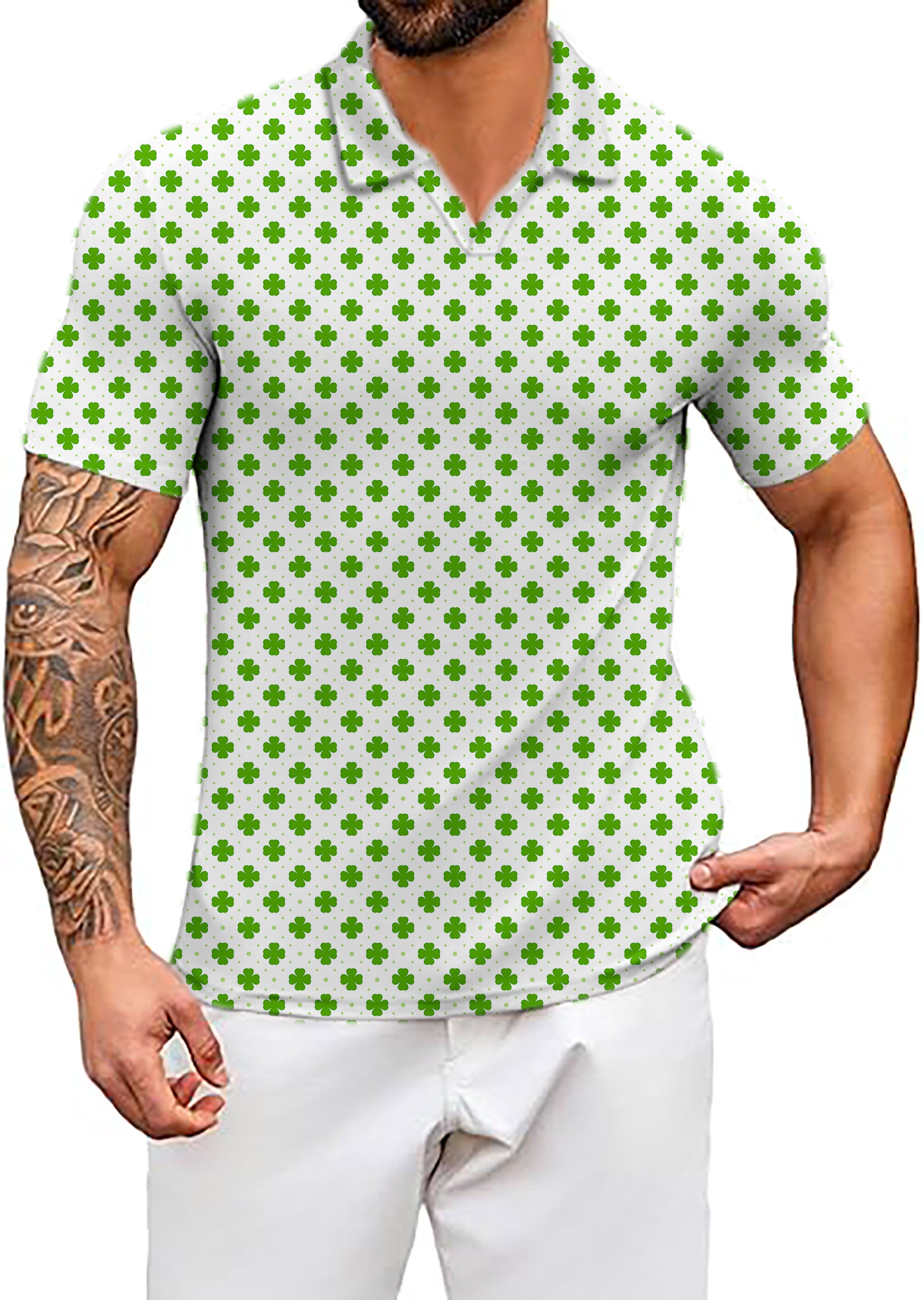 Men's Leaf clover St. Patrick's Day V Neck Golf Polo Shirts