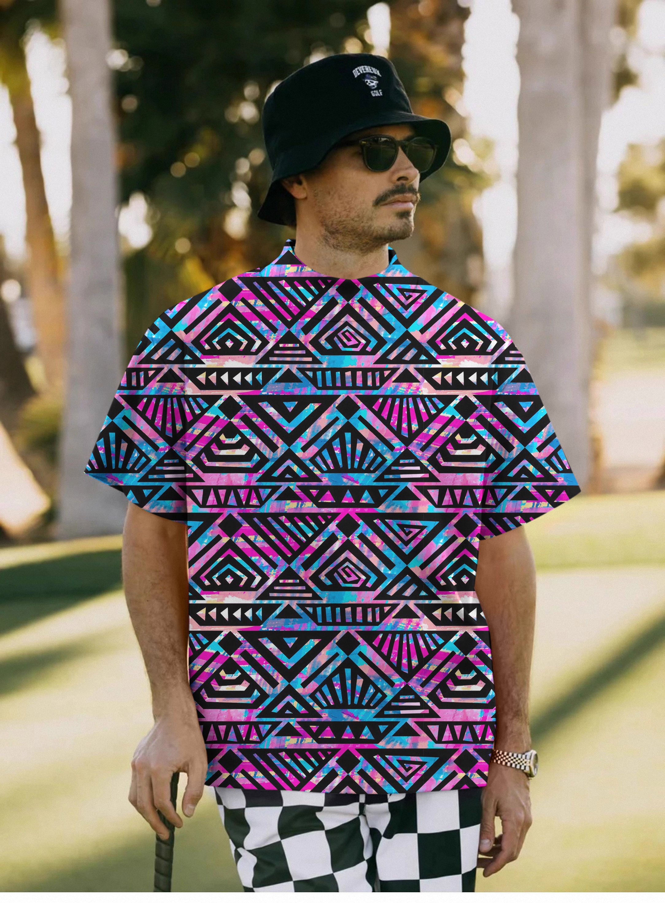 Men's Purple grid Pullover High neck Long/Short sleeve T-Shirt