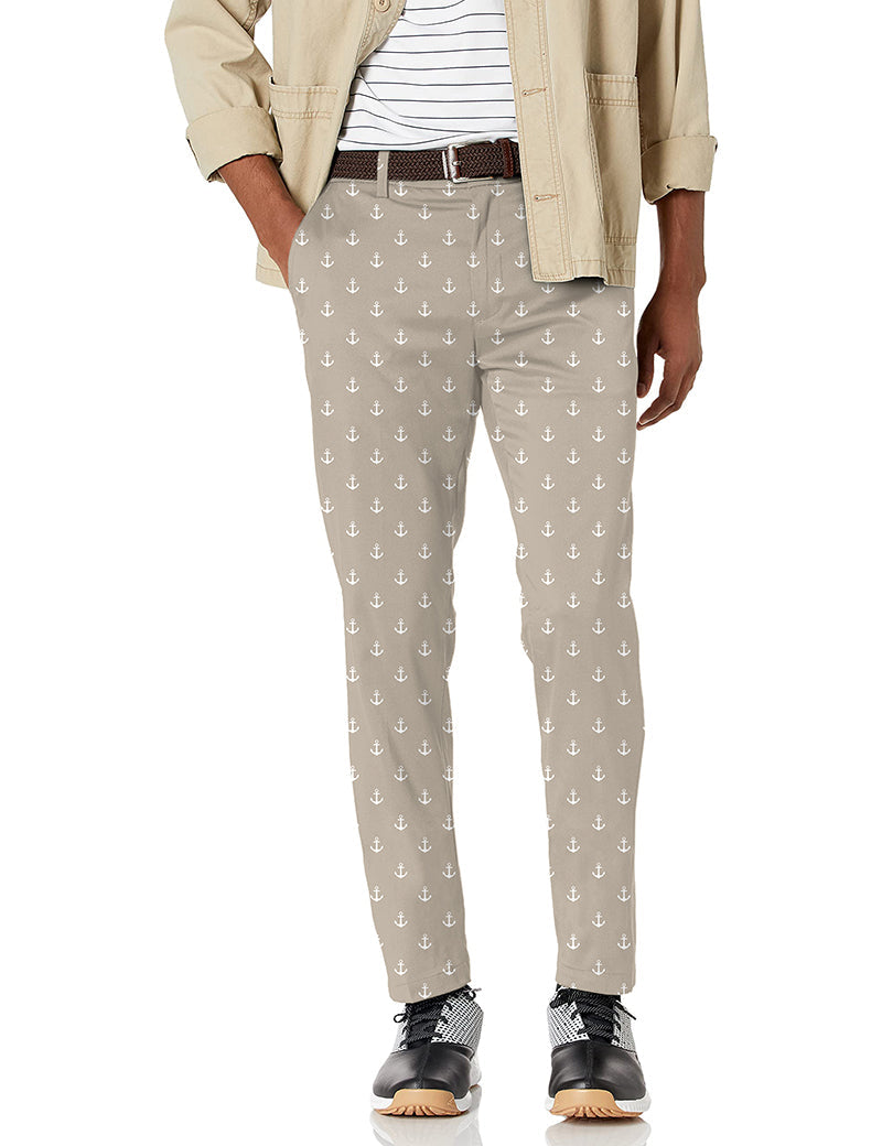 Men's beige stretch golf pants with anchor pattern, moisture-wicking fabric, wrinkle-resistant and comfortable fit