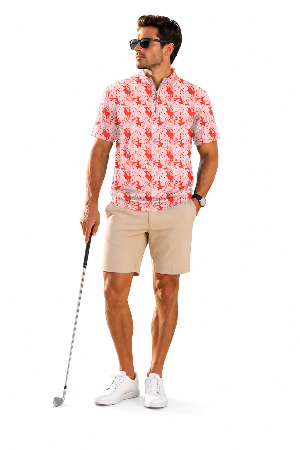 Men's Short Sleeve Quarter Zip Golf Pullover red tropical leaves and plants Embroidery