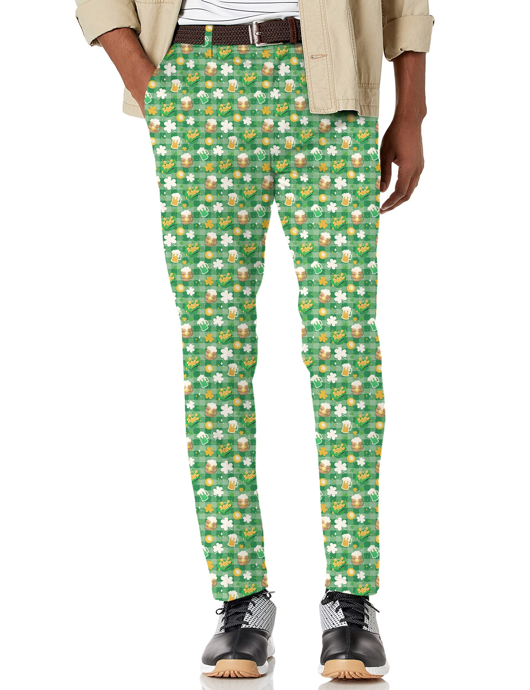 Men's Green beer and clover leaf St. Patrick's Day Stretch Golf Pants