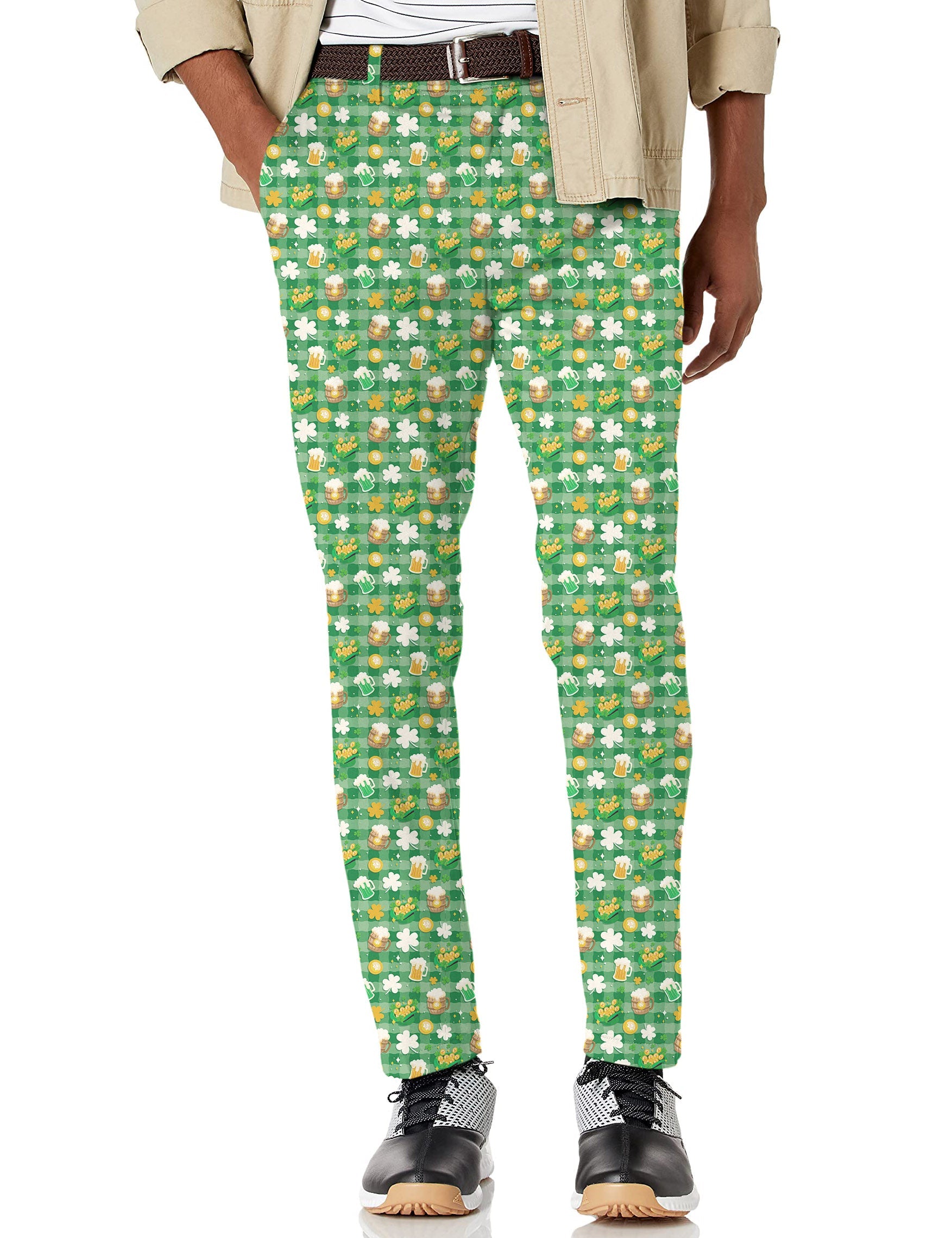 Men's green beer and clover leaf St. Patrick's Day stretch golf pants with moisture-wicking fabric and active waistband