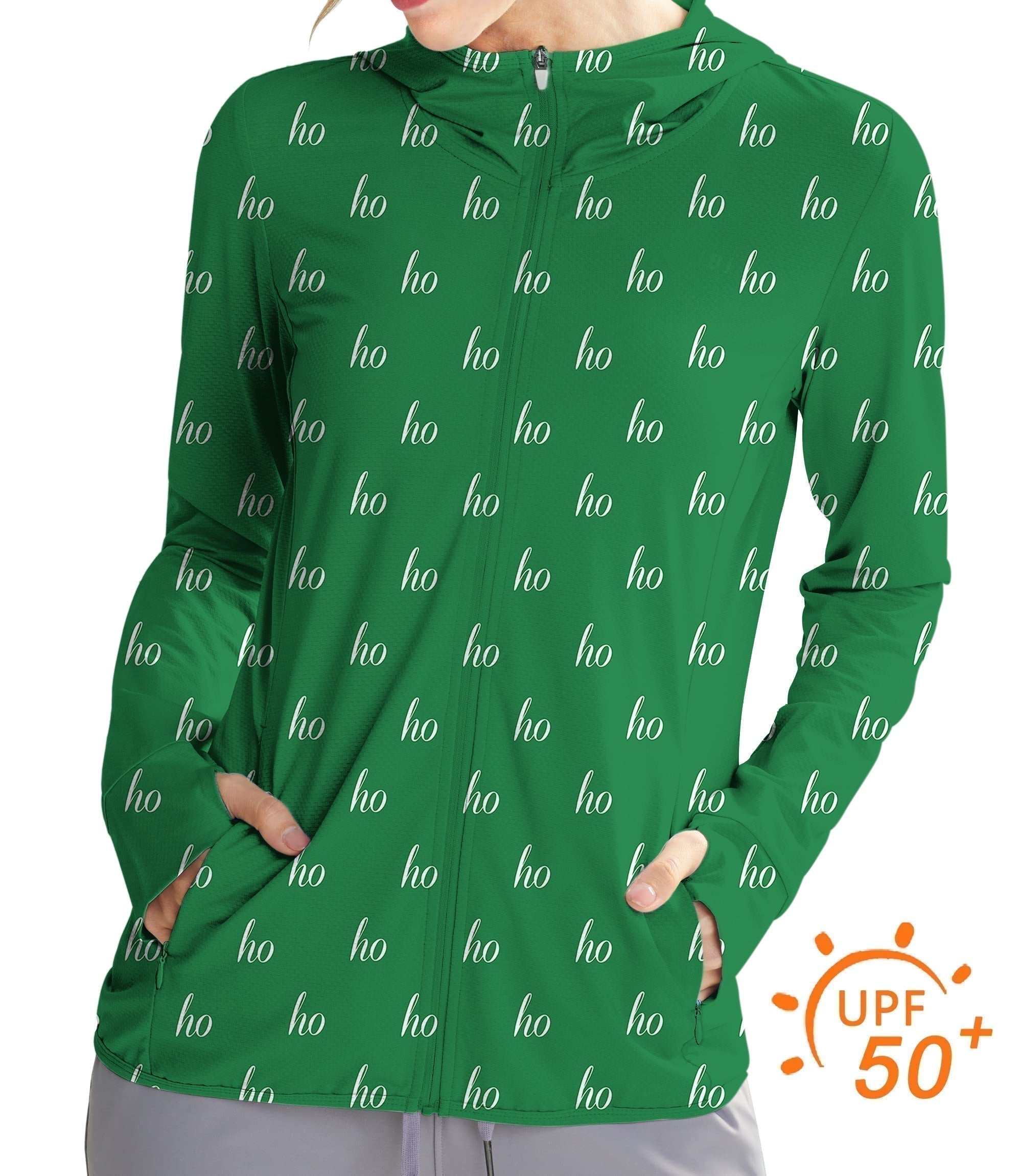 Women's outdoor green slim fit zip hoodie with Christmas "ho" print, UPF 50+ sun protection, and thumb holes for activewear