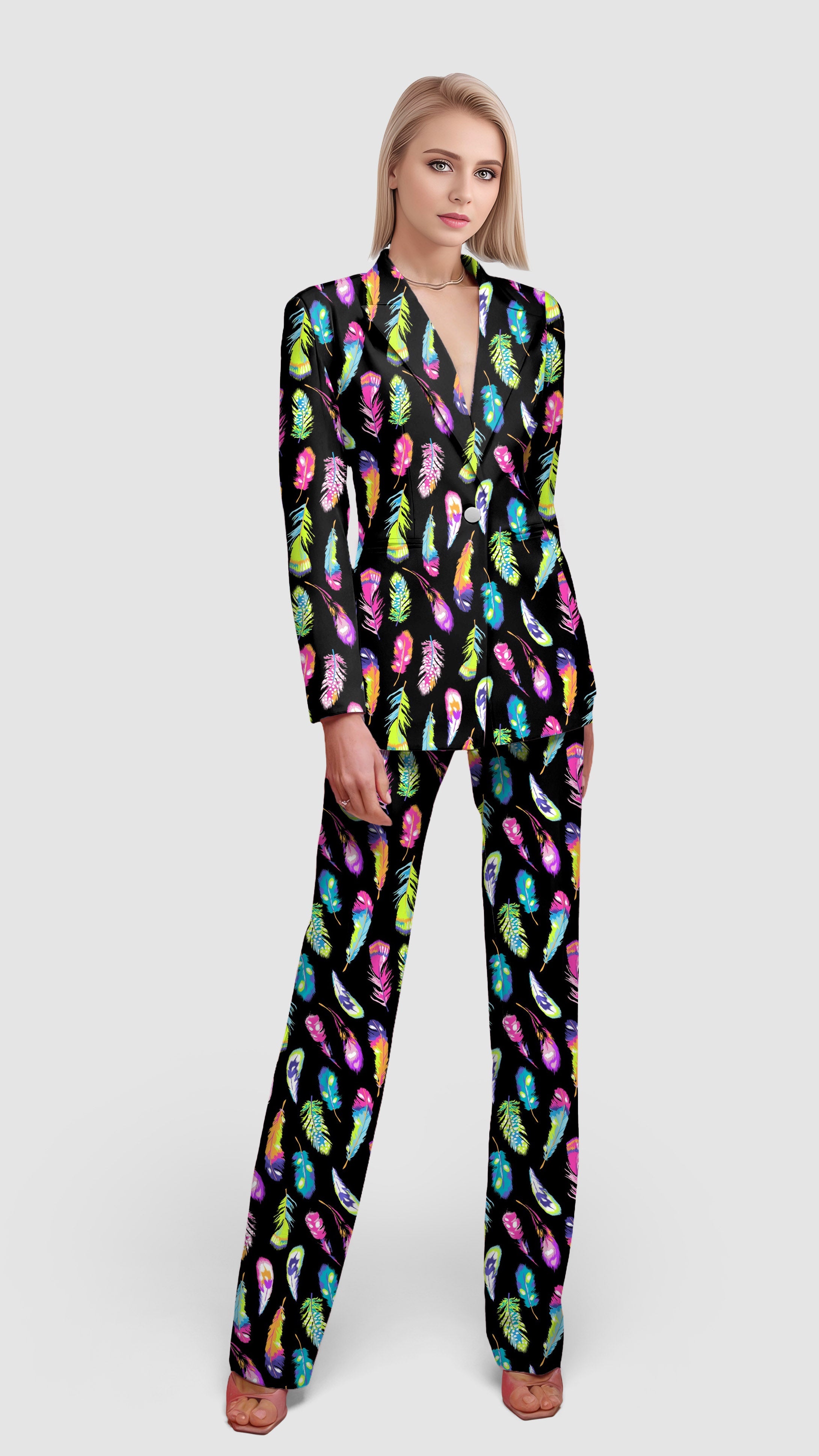 Women's colorful feathers blazer suit with lapel collar, single button, flap pockets, perfect for casual and office wear