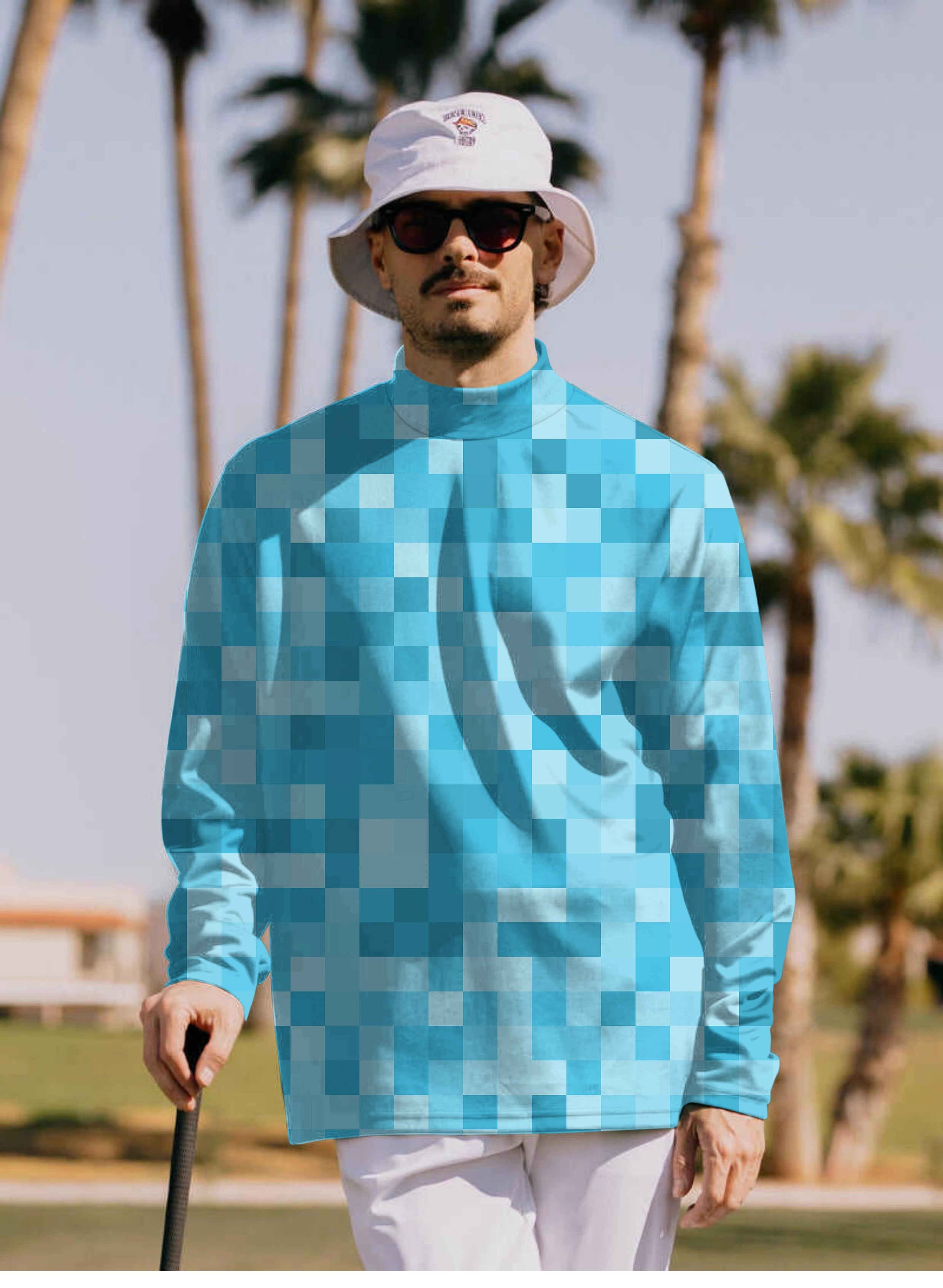 Men's blue pixel big pullover high neck long sleeve T-shirt golf outfit