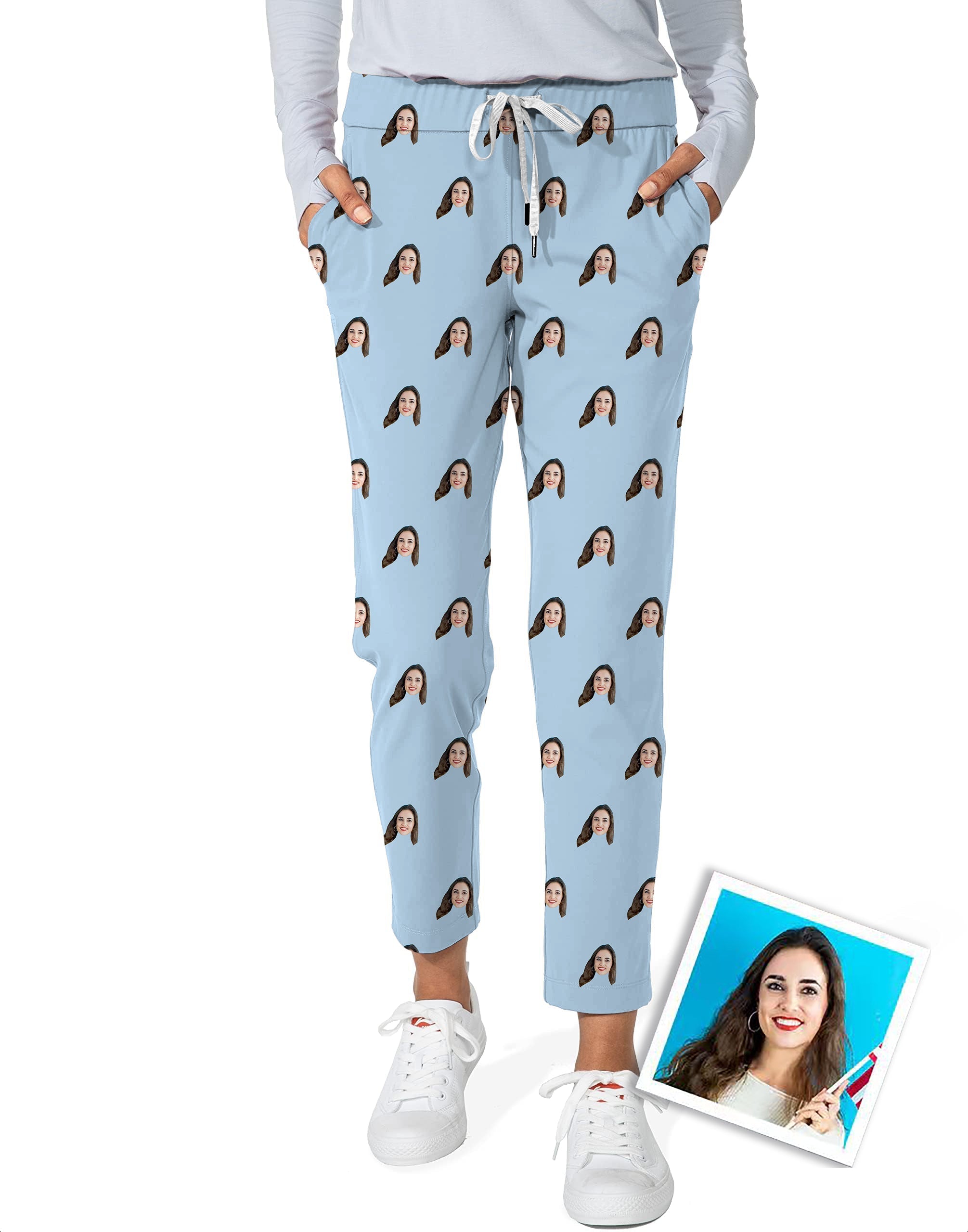 Women's stretch ankle golf pants with custom photo funny face print in light blue background