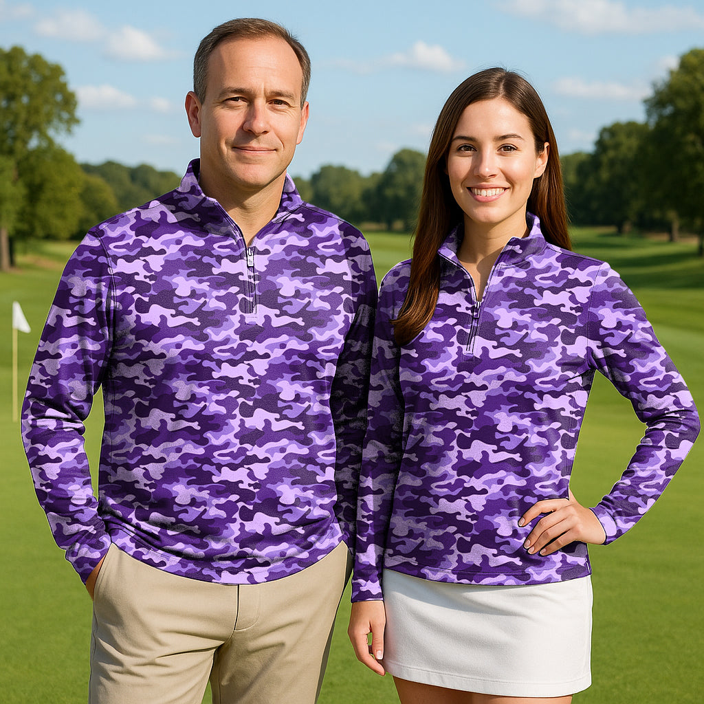 Couple wearing purple camo 3/4 zip golf tops with long sleeves outdoors on golf course