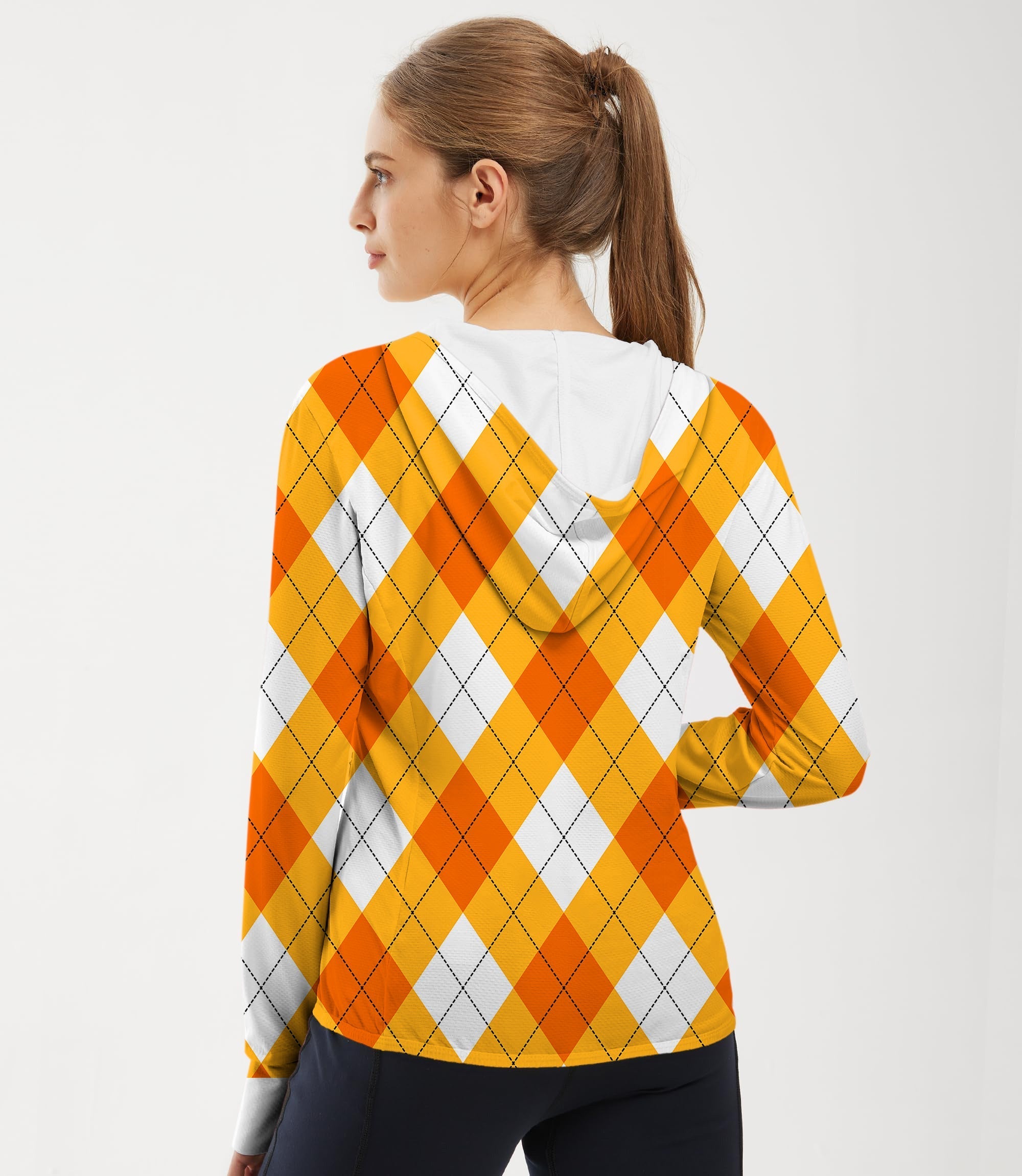 Women's outdoor Halloween cross orange white argyle golf sun protection slim fit zip hoodie back view