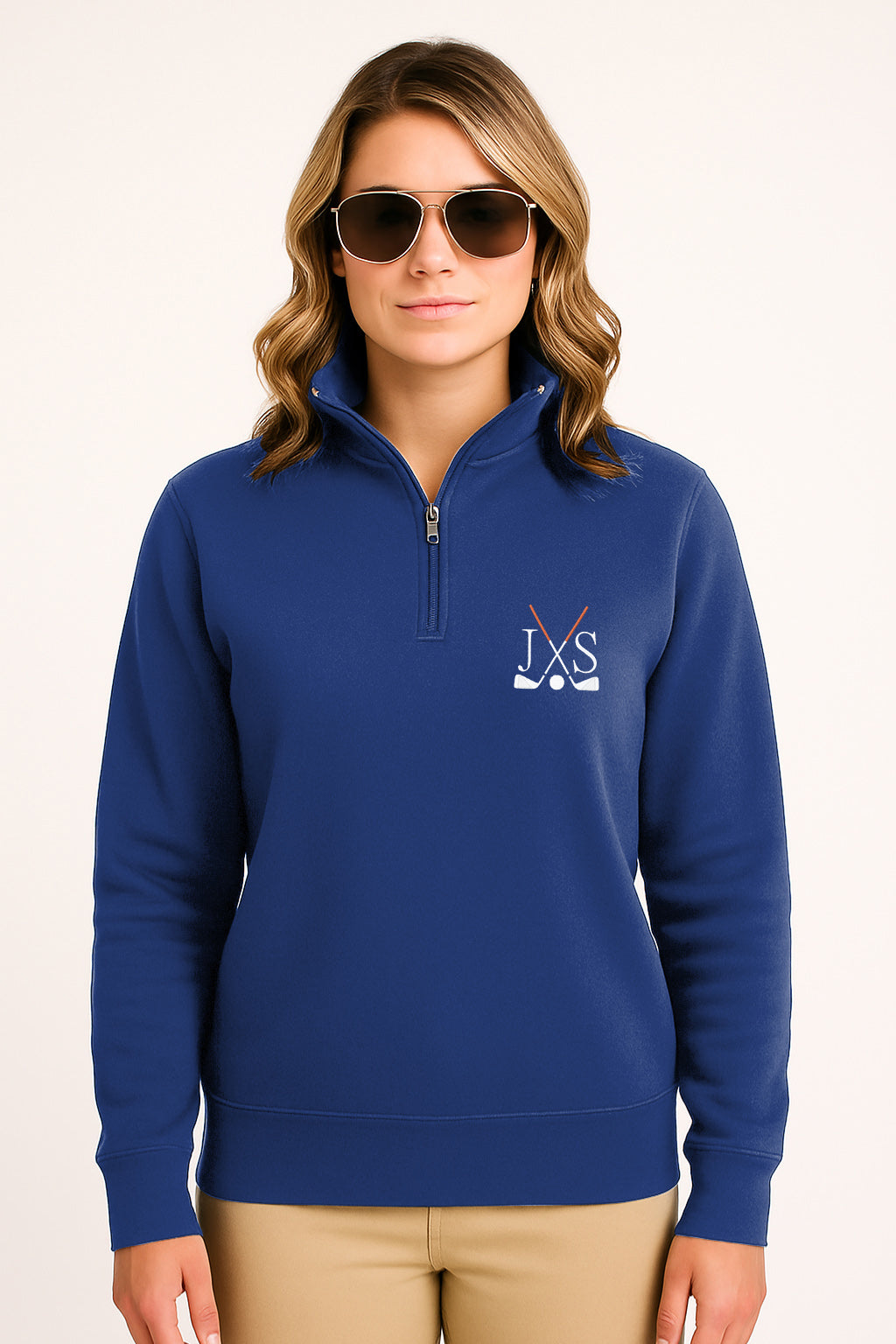 Plus size navy blue high neck hoodie with embroidery solid color golf clubs and initials design