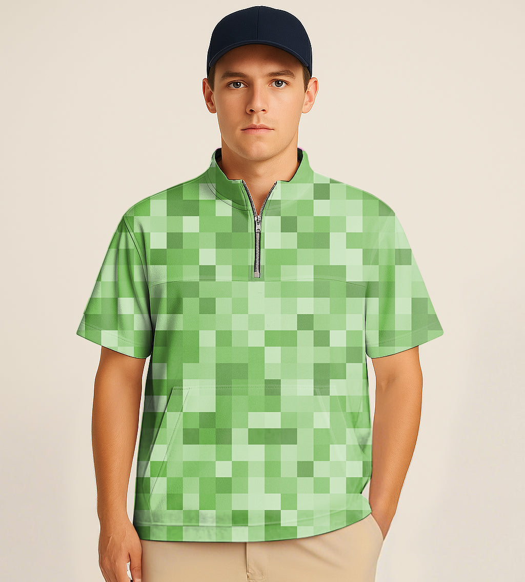 Light green half zipper turtleneck golf short shirt with pixel big embroidery design