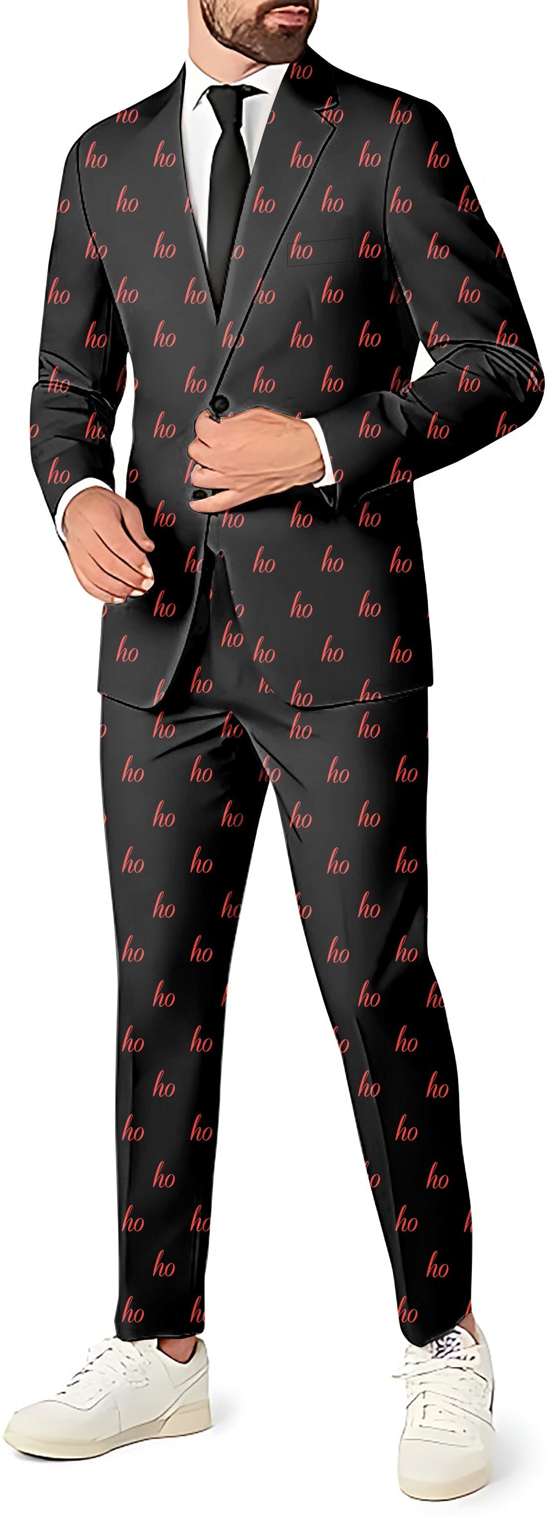Black custom name Christmas men's party costume suit with blazer, pants, and vest.