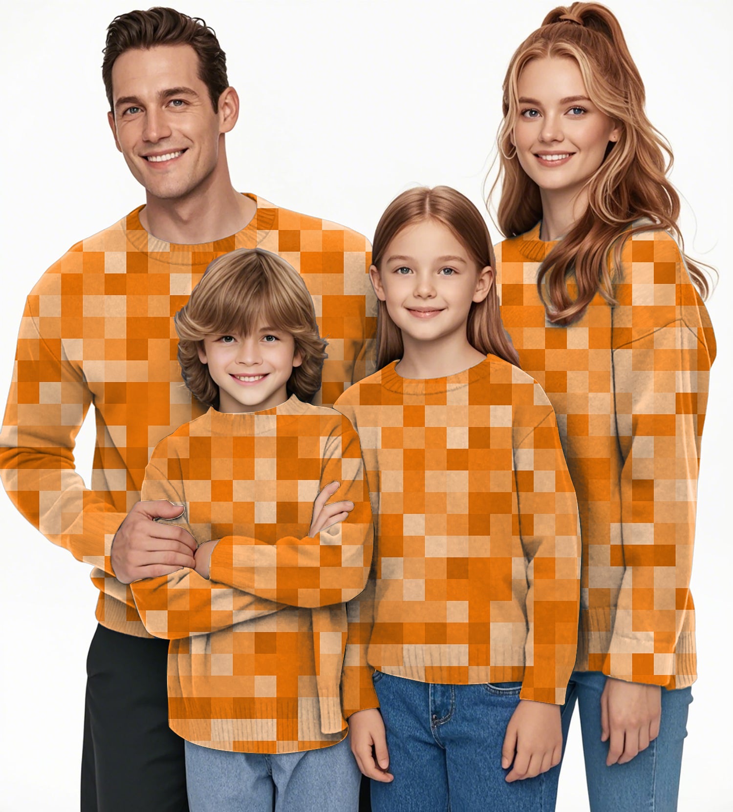 Family wearing orange pixel big crewneck pullover ugly sweaters with pixelated design