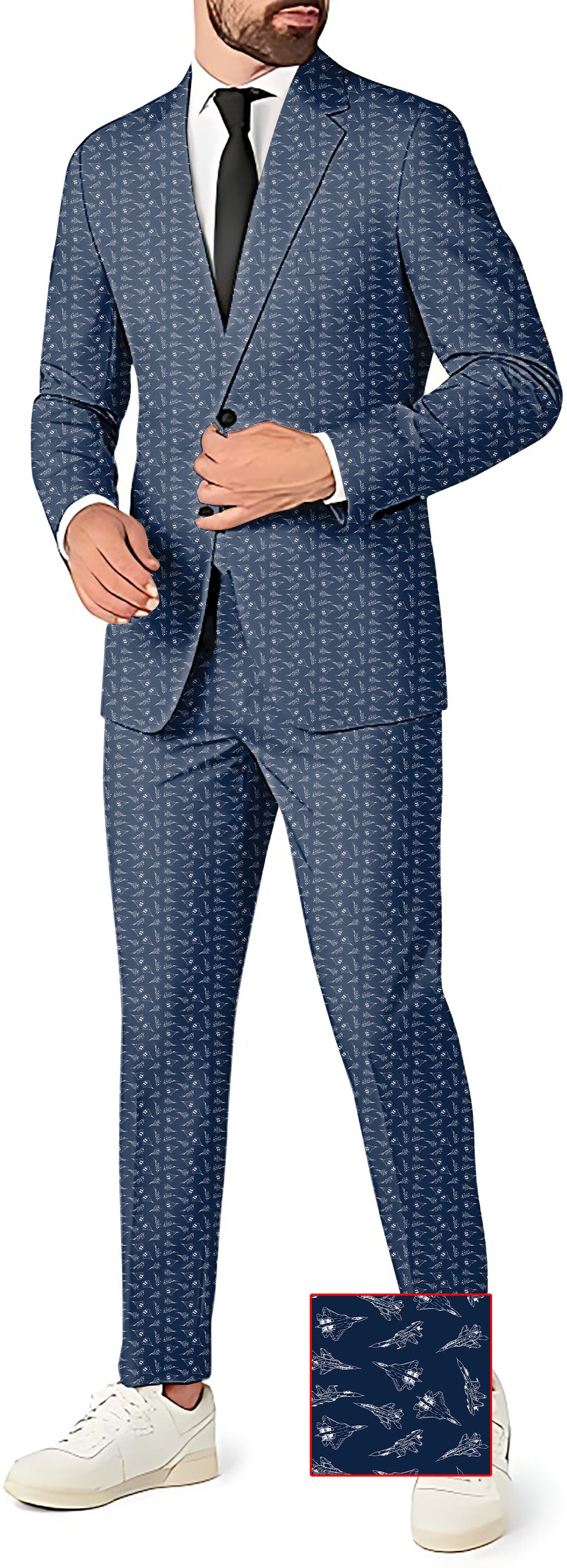 Fighter Men's Party Costume in blue patterned blazer and pants with black tie and white sneakers