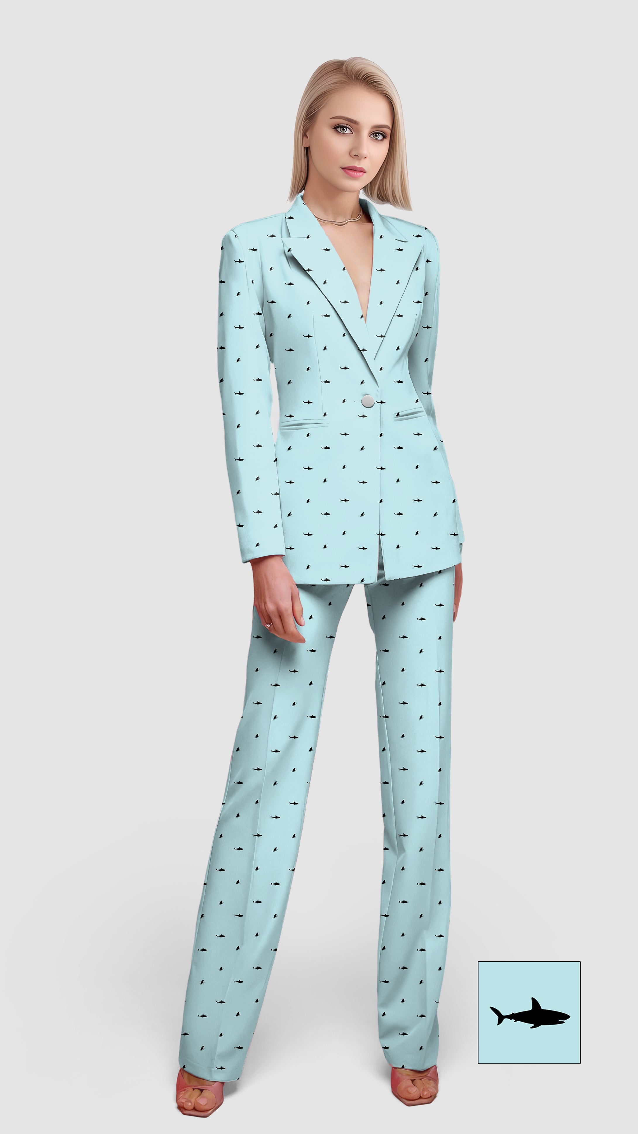 Light blue women's casual blazer suit with black shark and fin pattern, single-button blazer, and matching pants.