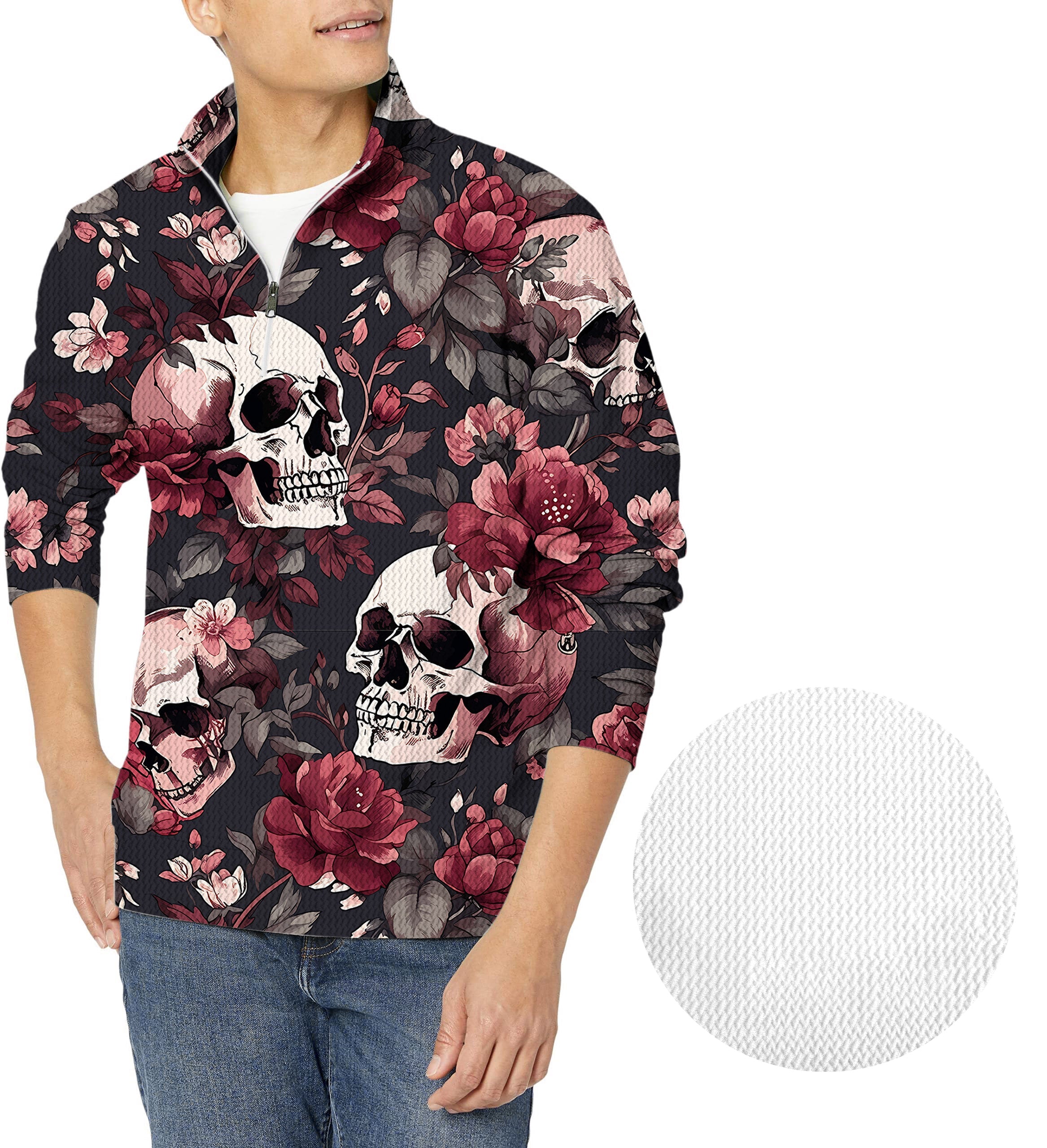 Men's golf waffle zipper pullover with Halloween floral skull and rose design