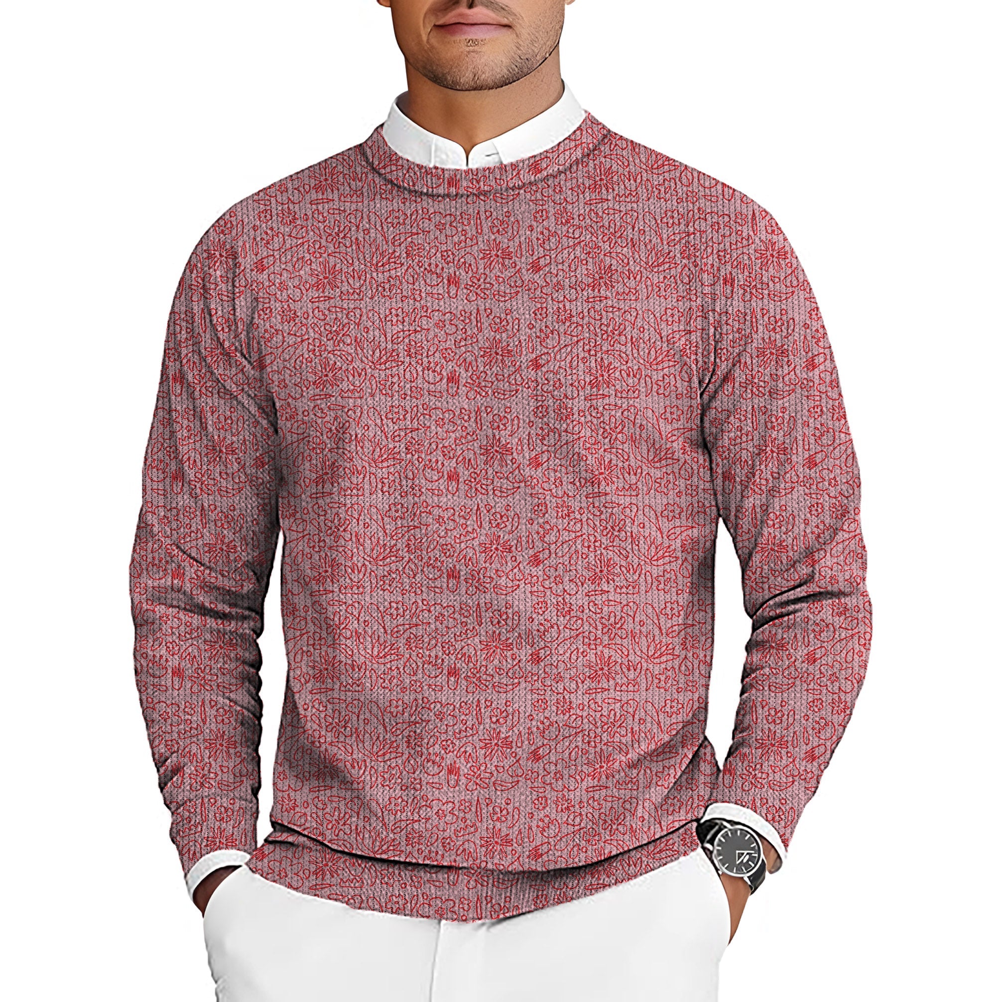 Men's crewneck pullover sweater with simple pink flower drawing golf design