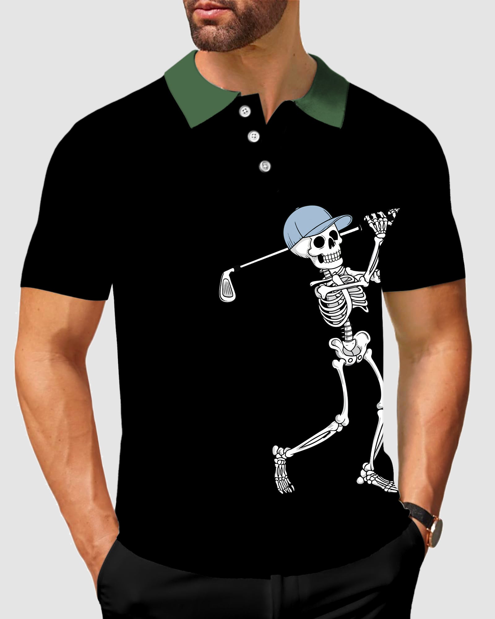 Men's black golf polo with blue green collar and Halloween skeleton golfer design