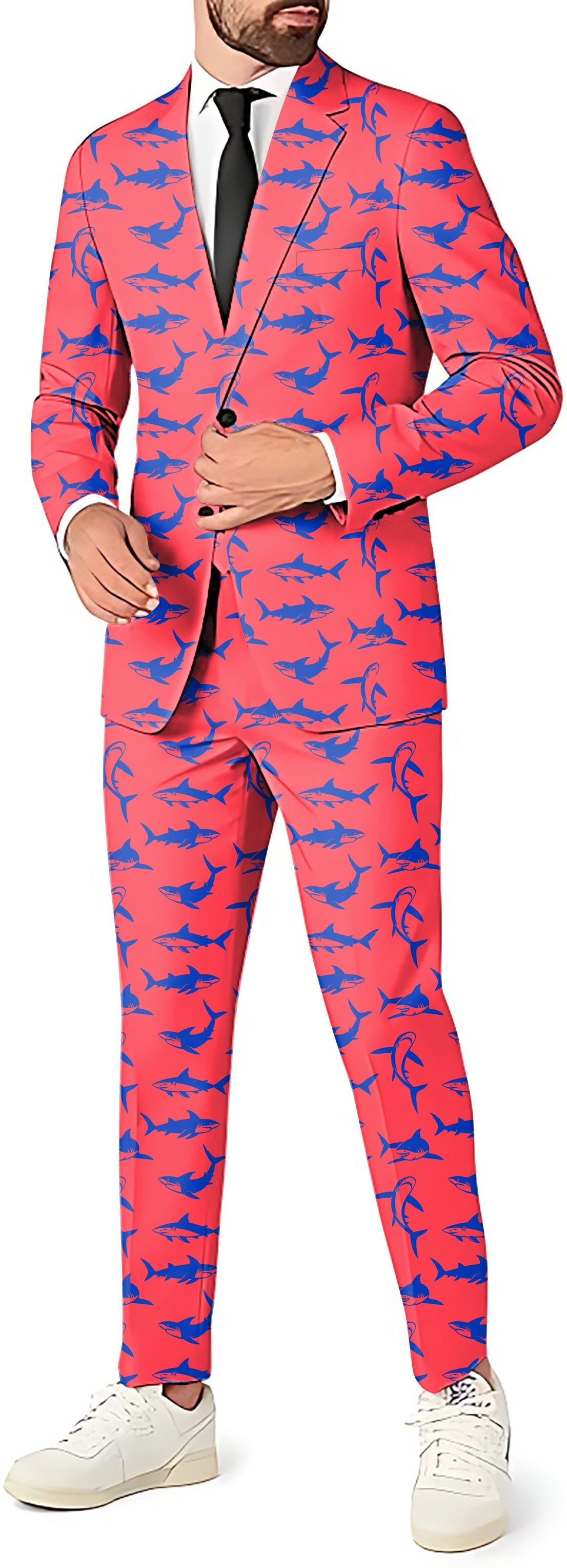 Men's Under Water Frenzy party suit with shark pattern, blazer, pants, and vest set
