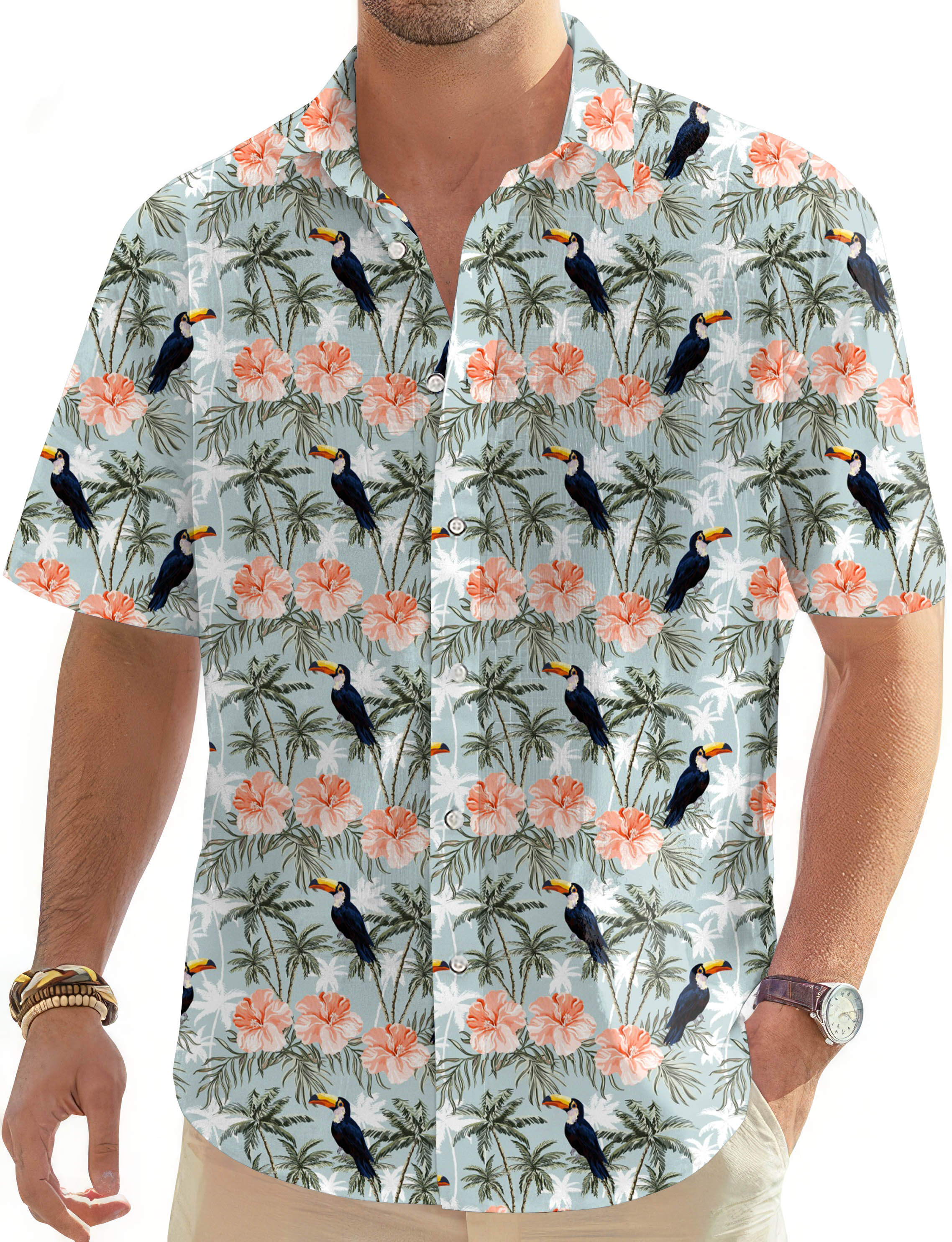 Men's tropical flower Hawaiian shirt with toucan print and short sleeves