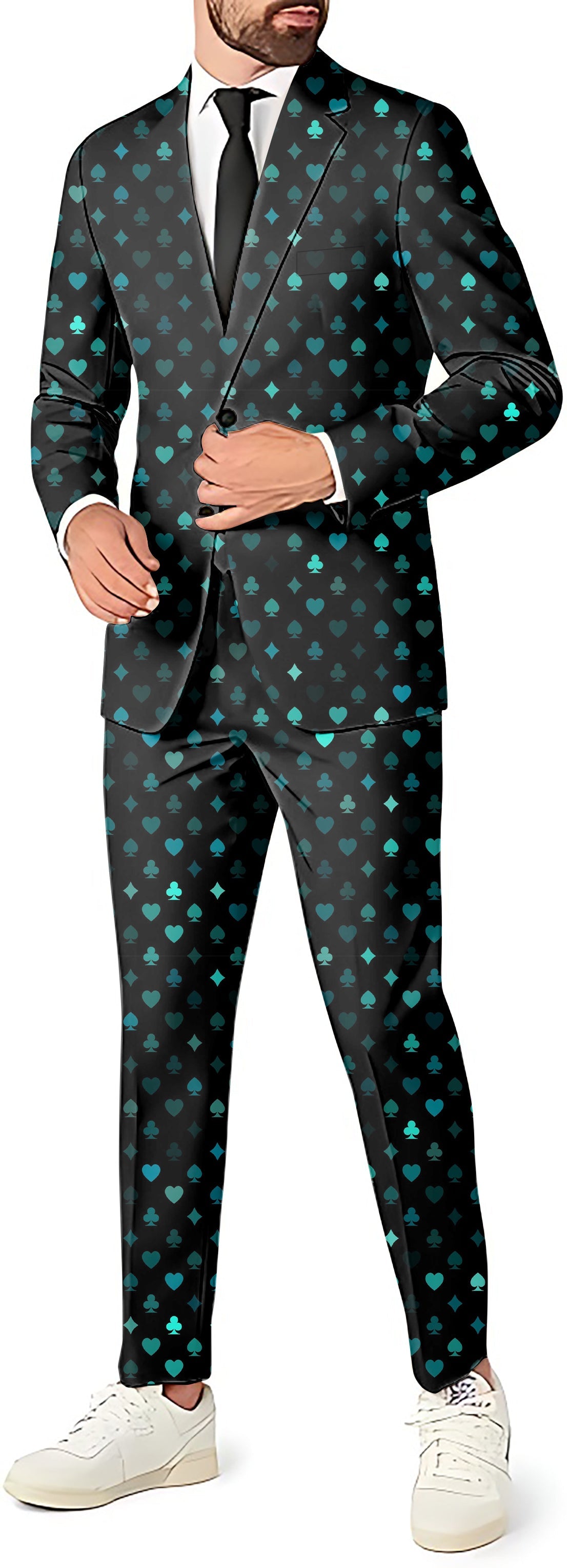 Men's suited party costume with blazer, pants, and vest in black with teal diamond pattern