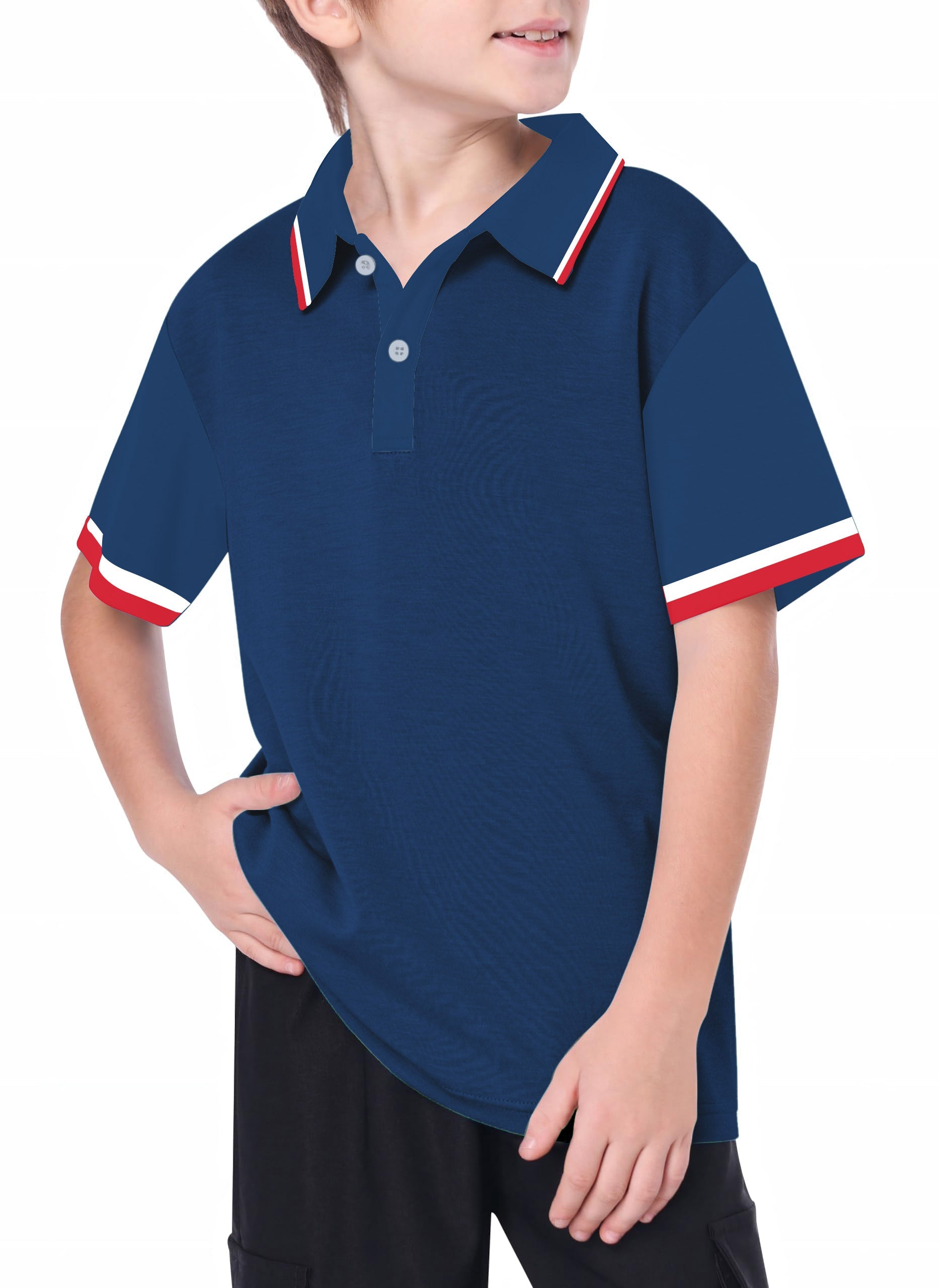 Youth navy red white stripe series golf polo with moisture-wicking and UPF 40+ protection worn by boy
