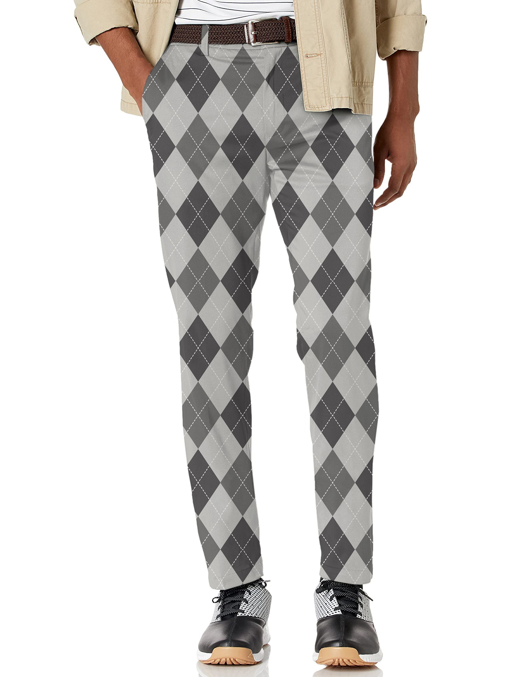 Men's grey argyle stretch golf pants with moisture-wicking and wrinkle-resistant fabric