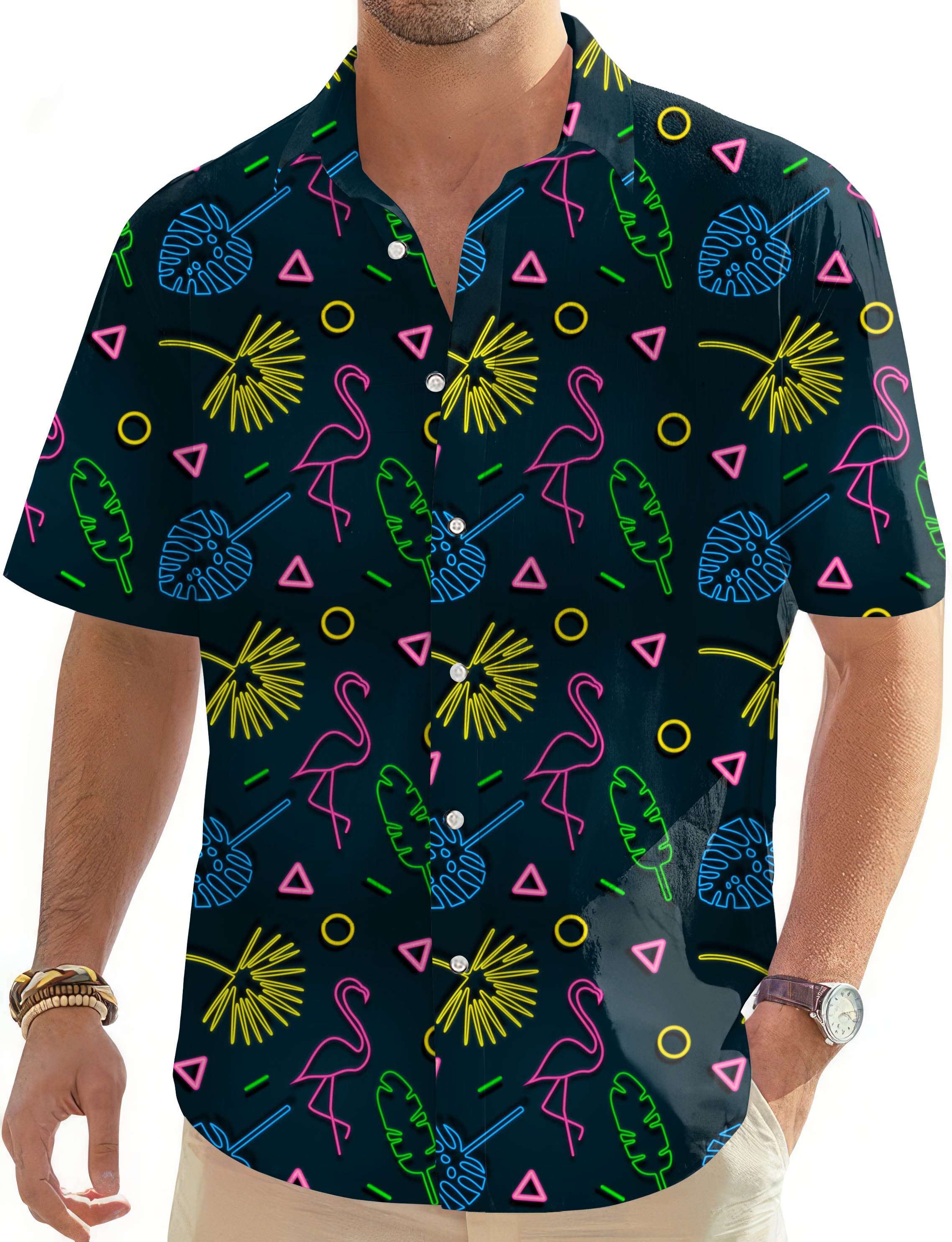 Flamingo neon-Men's Golf Hawaiian Shirts Button Down Shirt