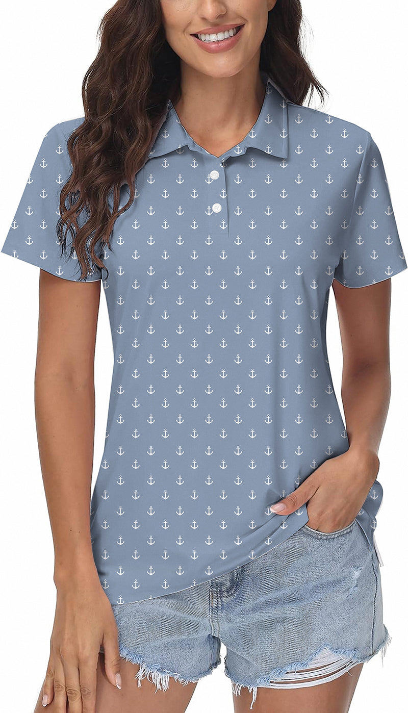 Blue Anchor Women's Golf Polo with anchor print, short sleeves, and classic fit on model