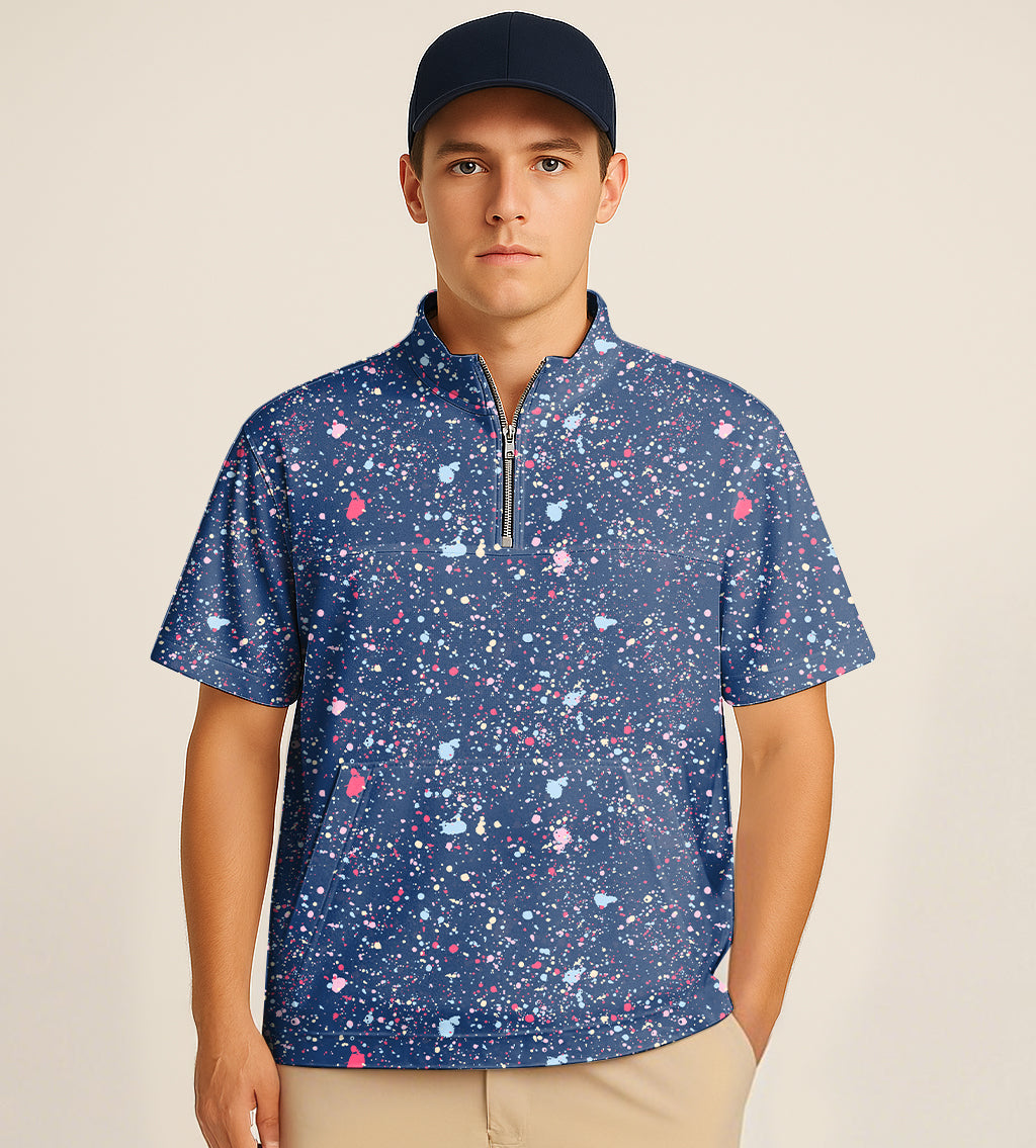 Men's navy blue half zipper turtleneck golf shirt with ink dots embroidery and short sleeves