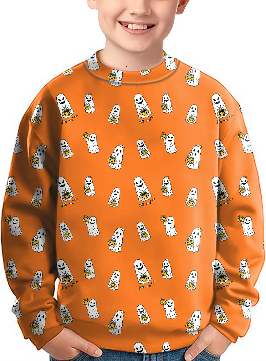 Kids crewneck pullover with Halloween ghost pumpkin basket pattern on orange background