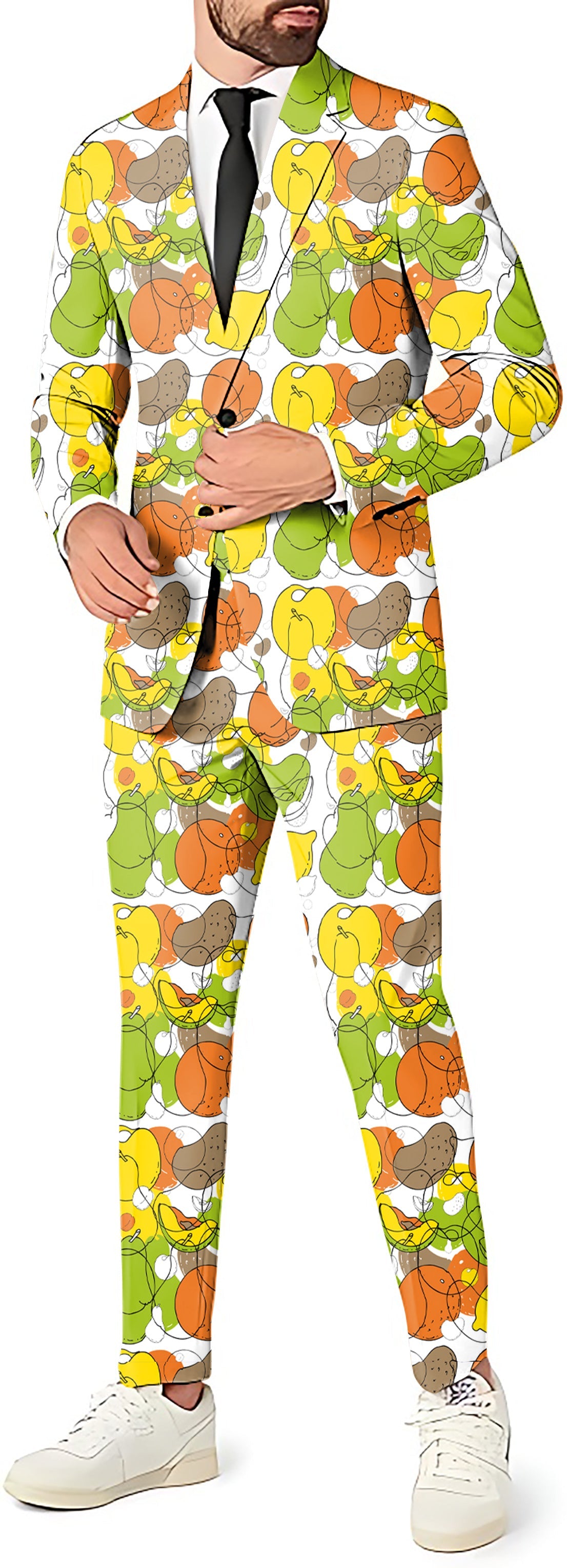 colorful fruit themed men's party suit set with blazer, pants, and vest