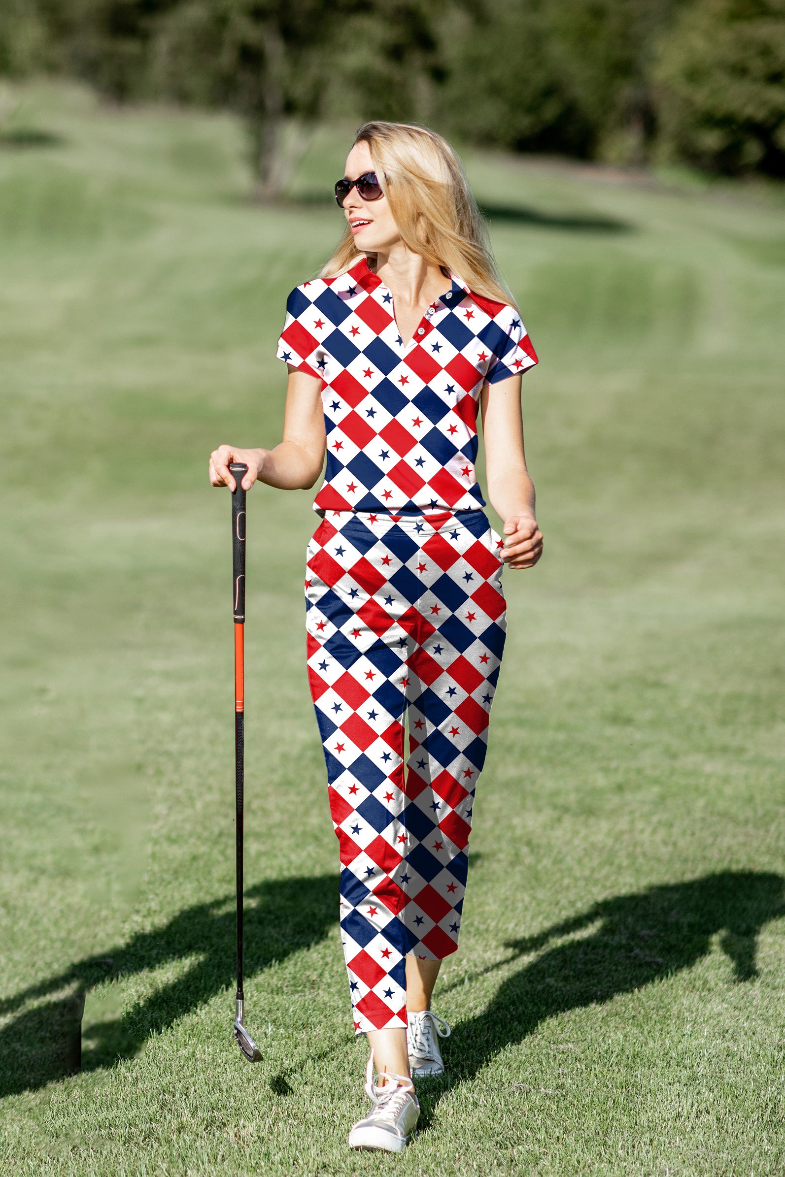 Women's Golf Polo+Pants Set Argyle US Star flag