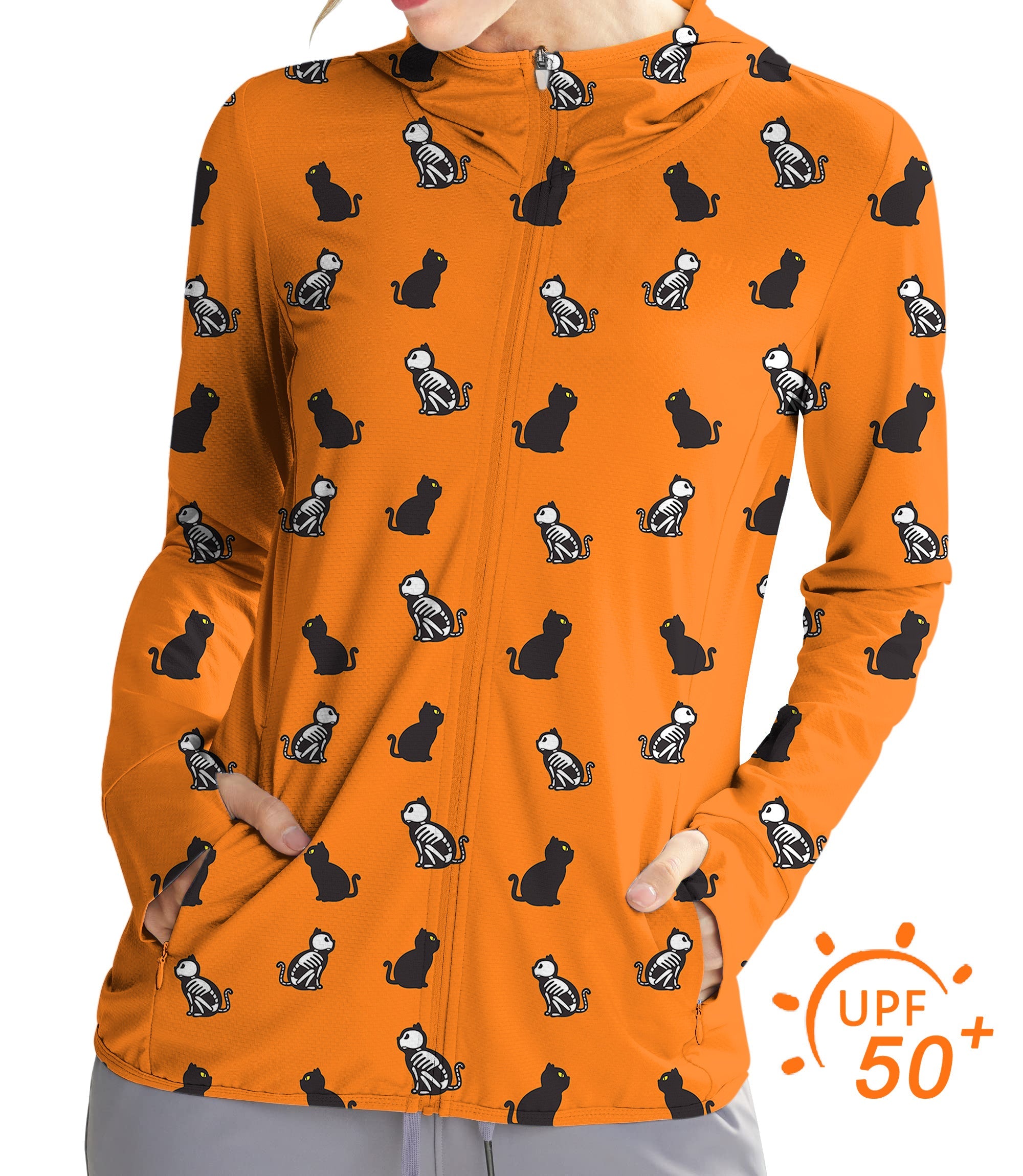 Women's outdoor slim fit zip hoodie with Halloween skull cat print, orange, UPF 50+ sun protection