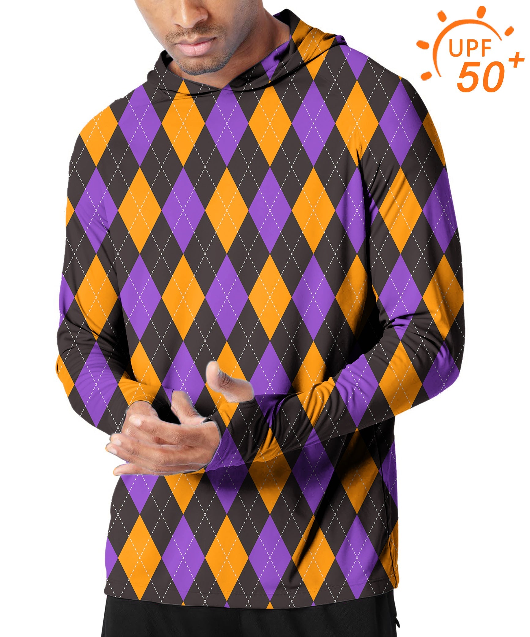 Men's outdoor slim fit hoodie with orange, purple, and black argyle pattern, UPF 50+ sun protection, breathable moisture-wicking fabric.
