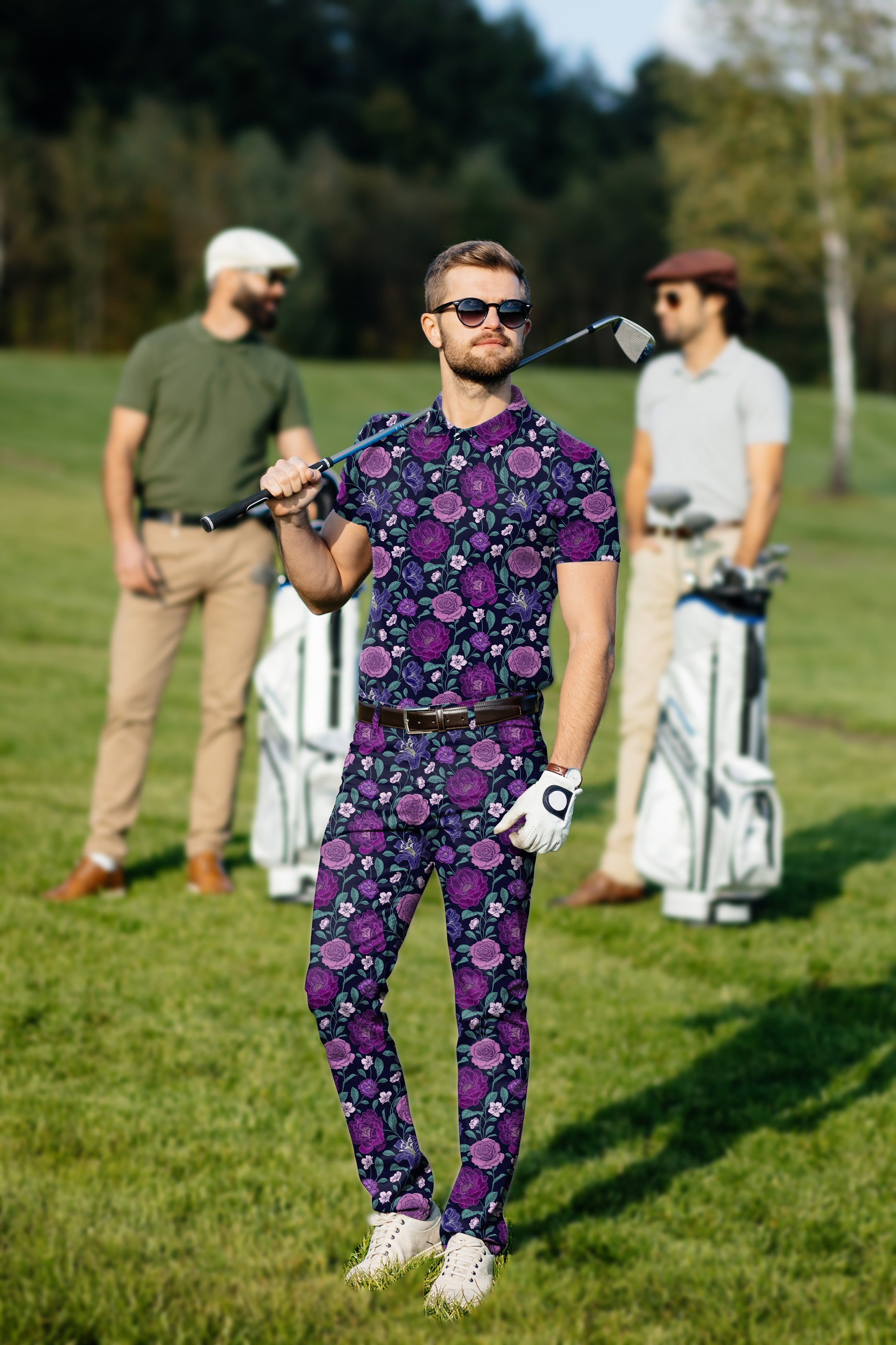 Men's golf set with purple floral polo and pants, tailored fit and stretch fabric for comfort