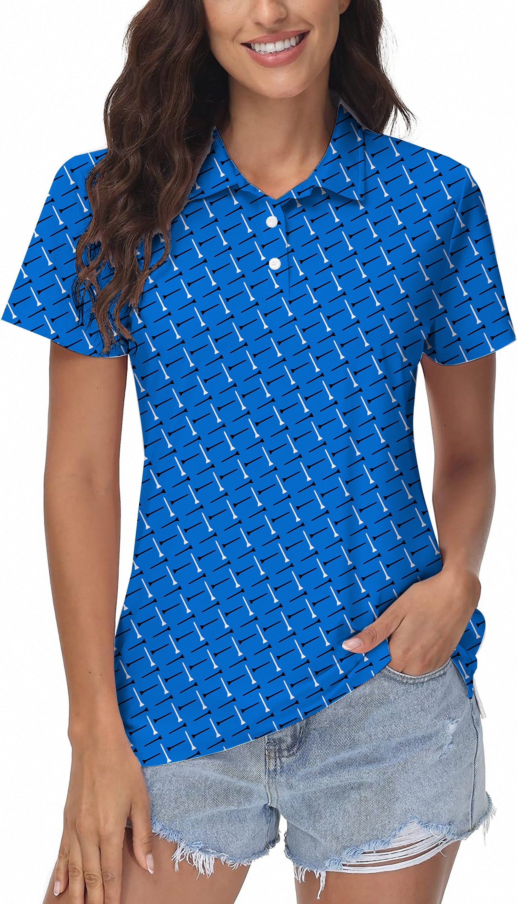 Custom background color women's golf polo shirt in blue with white pattern, short sleeves, and classic fit for sporty and business casual look
