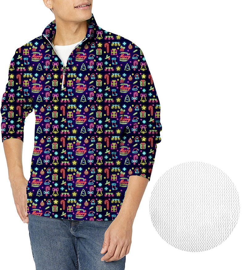 Neon Merry Christmas men's golf waffle zipper pullover with festive holiday icons and patterns