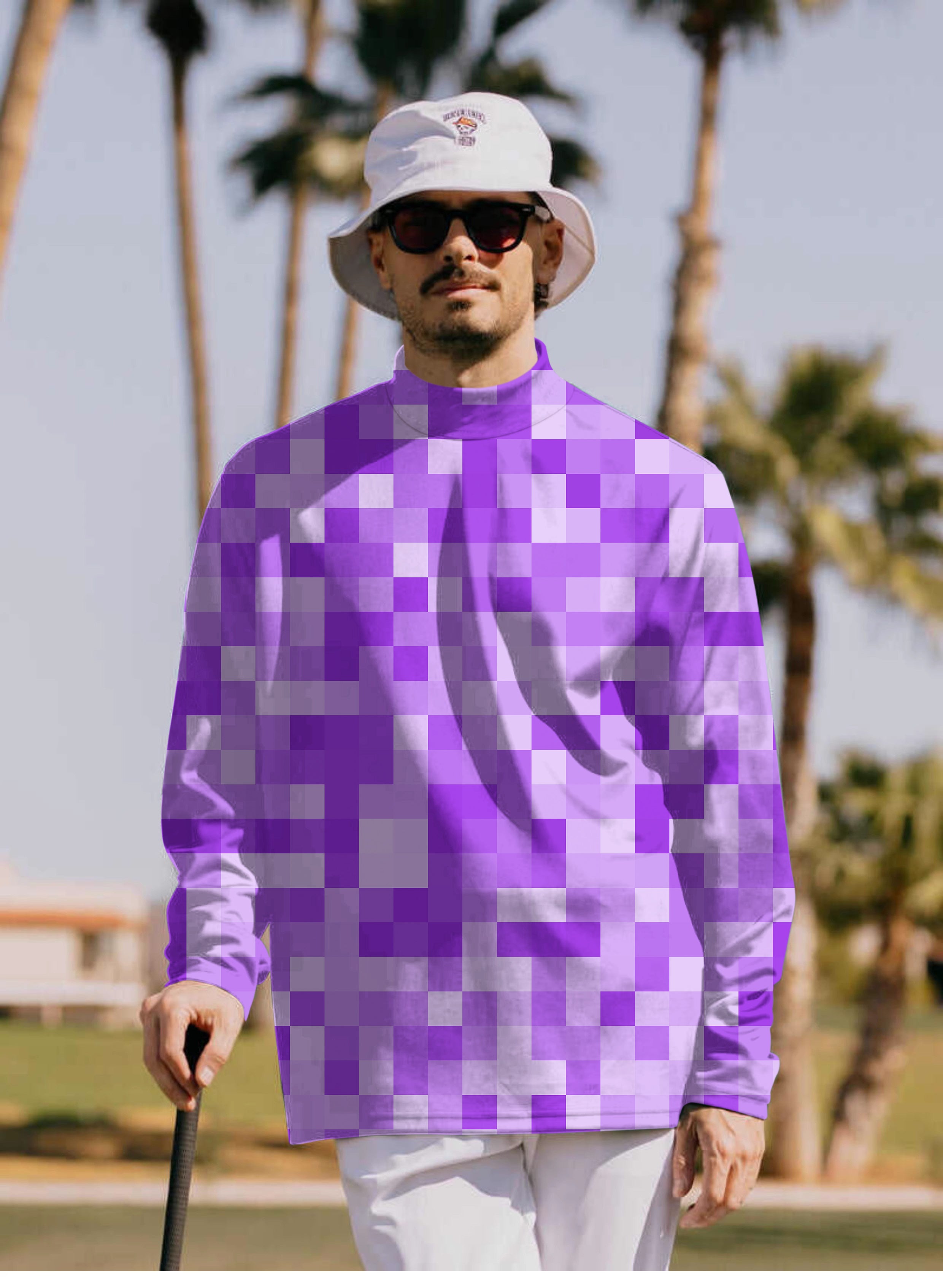 Men's purple pixel high neck pullover long sleeve golf shirt