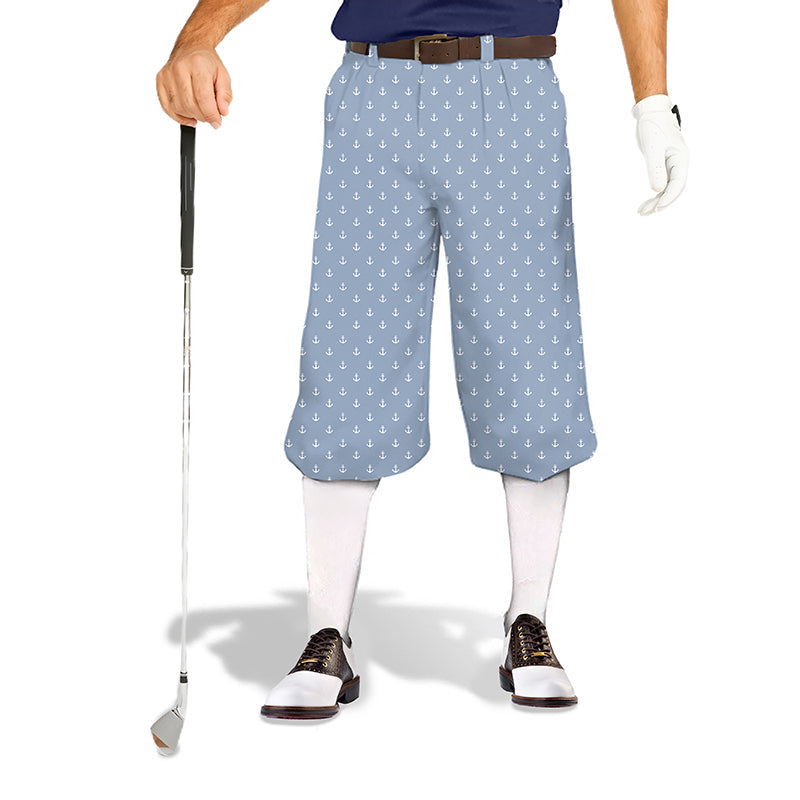 Blue Anchor men's golf knickers with anchor pattern, snug ankle cuffs, and breathable performance fabric for comfort and style on the course