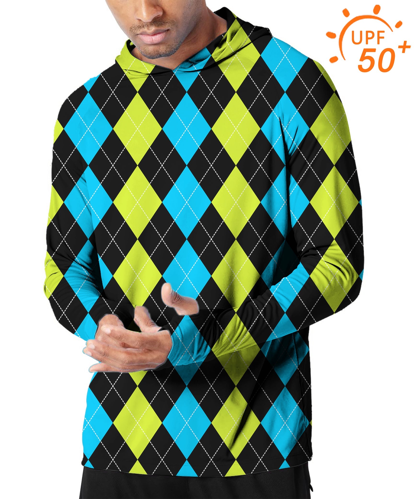 Men's outdoor slim fit argyle hoodie in black, green, and blue with UPF 50+ sun protection for golf and outdoor activities