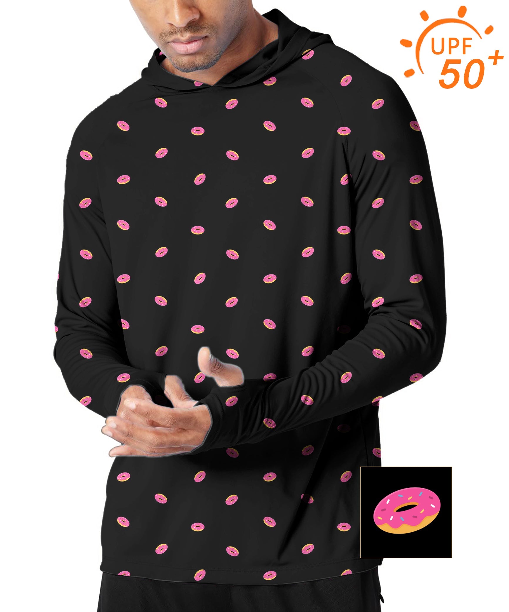 Men's outdoor slim fit donutshirt hoodie with UPF 50+ sun protection and thumb holes