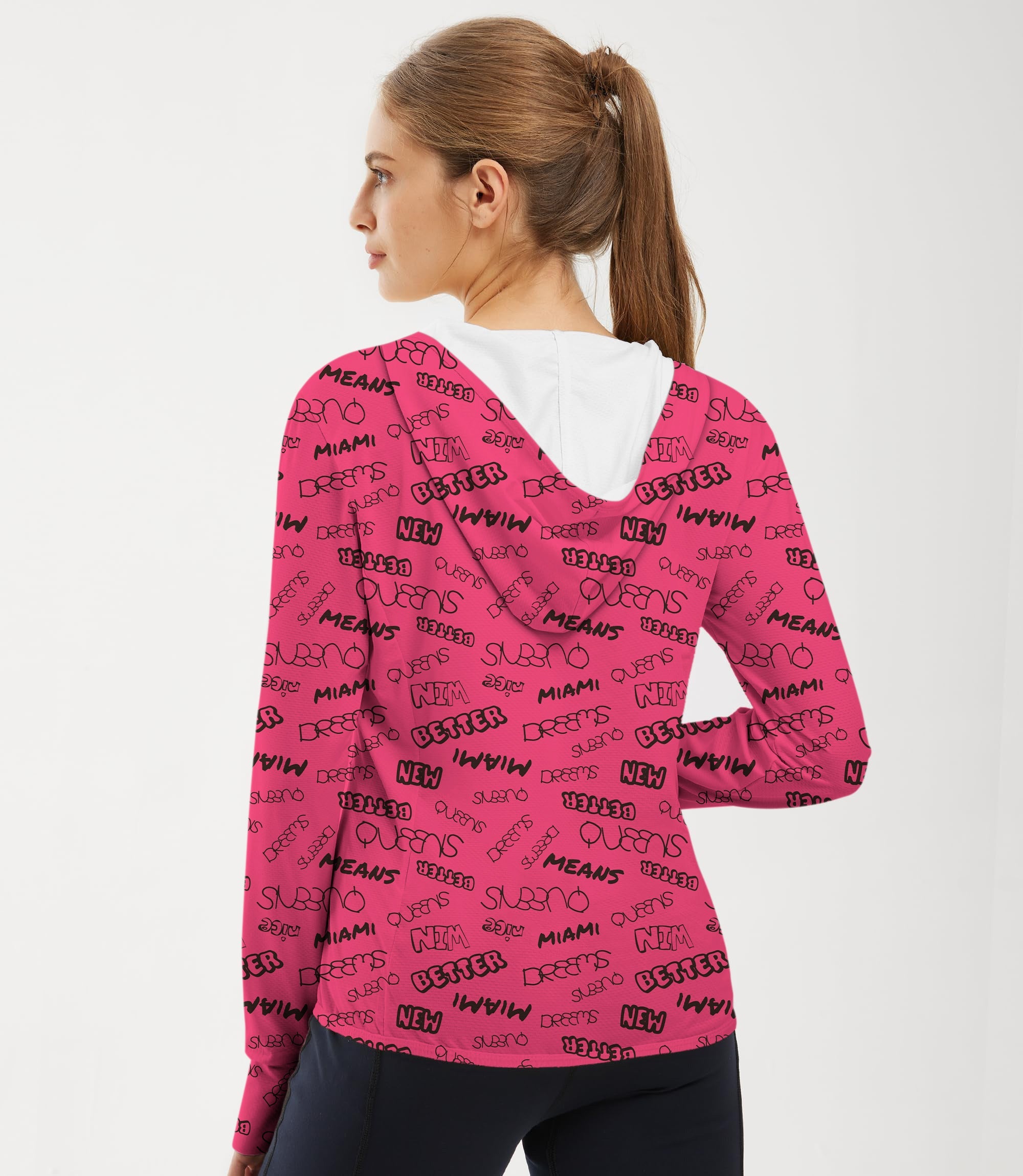 Women's outdoor slim fit zip hoodie with Miami-themed print and UPF 50+ sun protection for golf and active wear