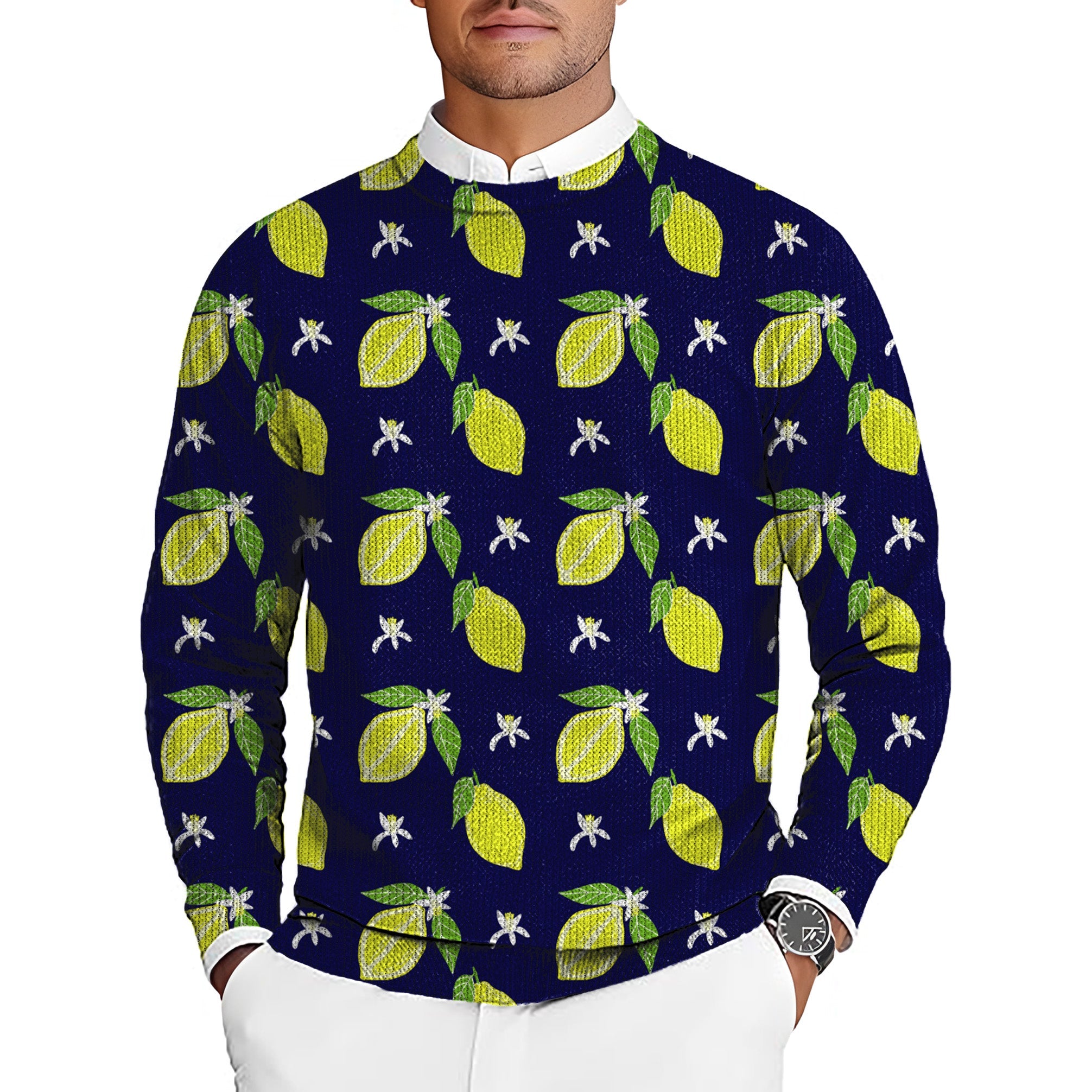 Zesty lemon men's golf crewneck pullover sweater with lemon pattern