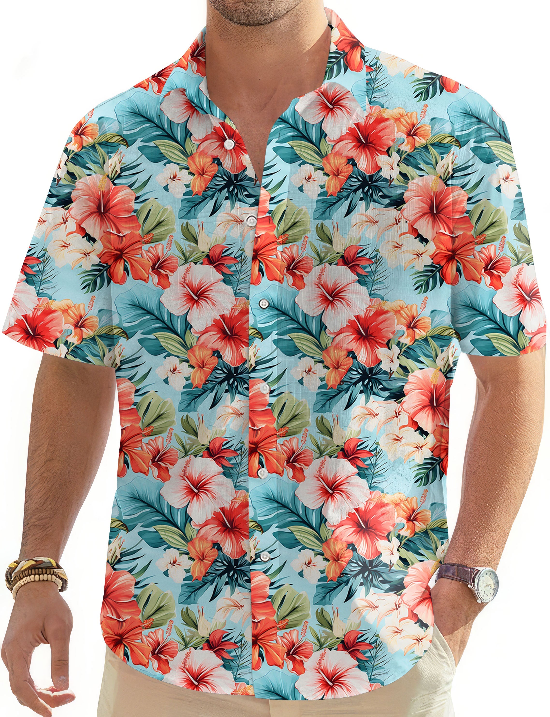 Men's Hawaiian flowers short sleeve button-down shirt with vibrant floral print and classic collar design