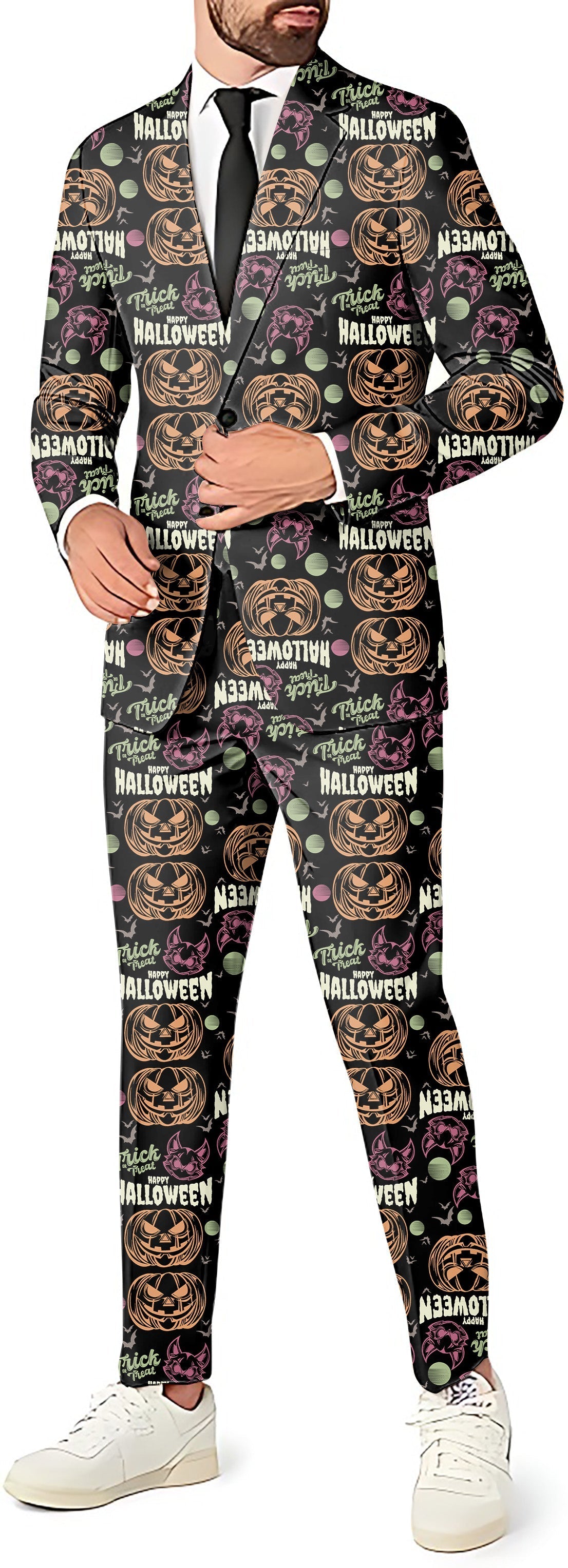 Happy Halloween colorful pumpkin men's party costume suit with blazer, pants, and vest.