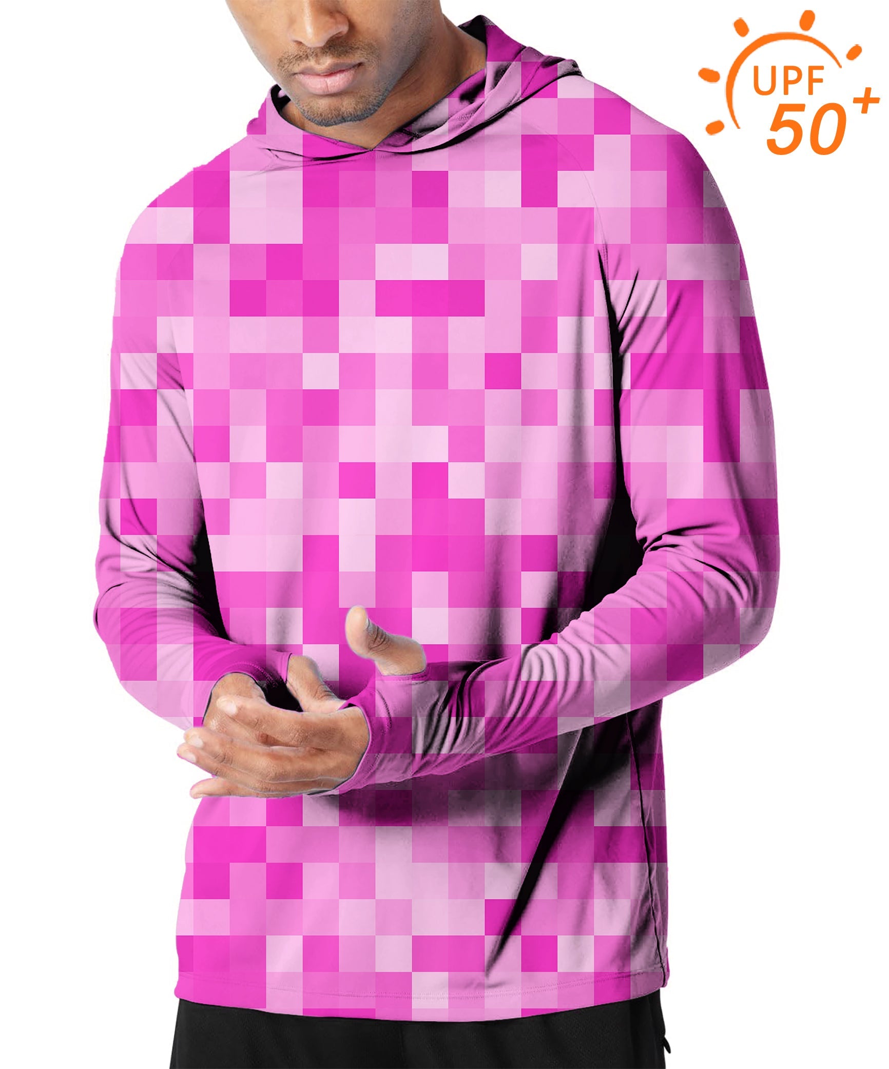 Men's slim fit rose red pixel hoodie with UPF 50+ sun protection for outdoor golf and activities