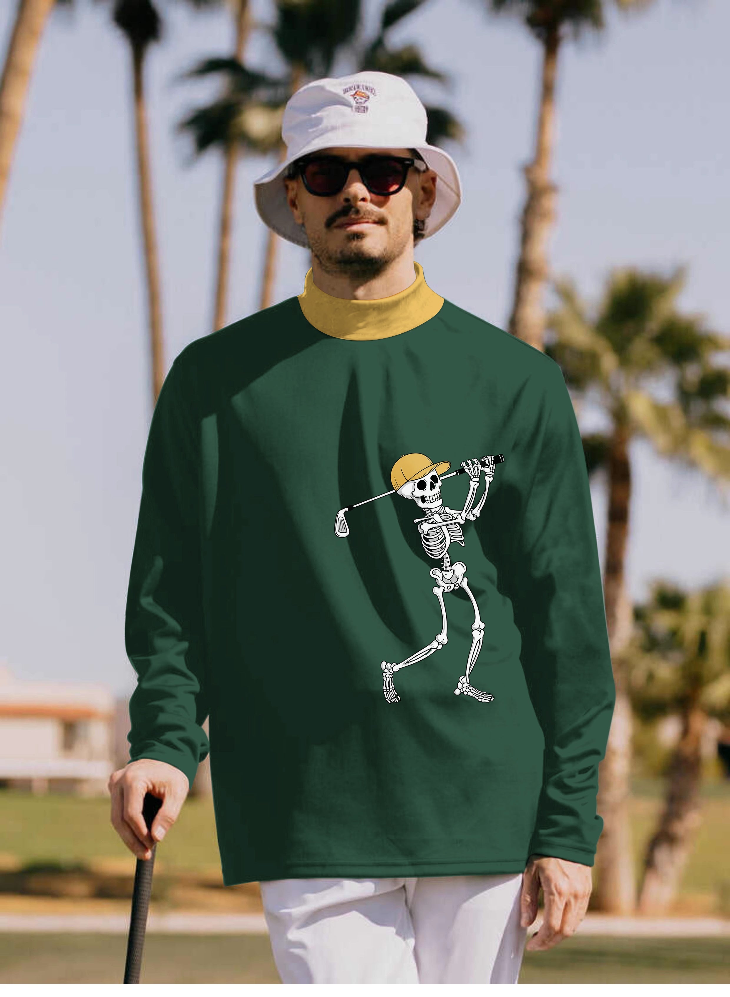 Men's yellow green Halloween skeleton golf pullover with high neck and long sleeves