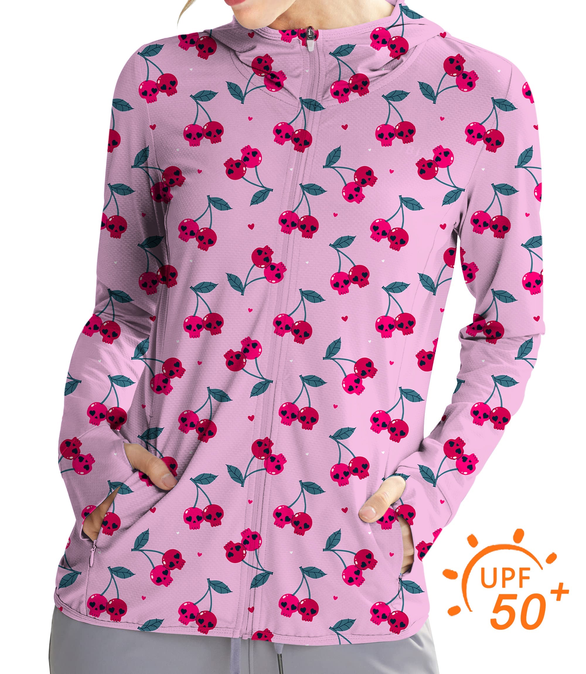 Women's outdoor Halloween cherry skull sun protection slim fit zip hoodie with UPF 50+ protection