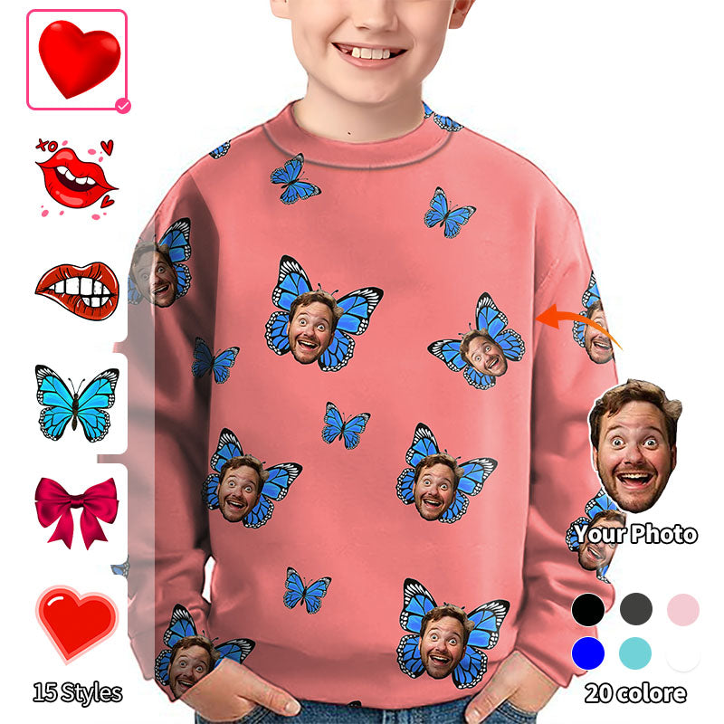 Valentine's Day Custom Photo Face Custom Color Hot Pink Love Crewneck Pullover Kids Ugly Sweater